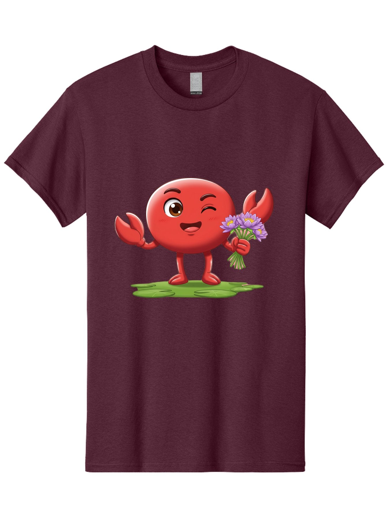Crab-Character Men'S Graphic Tee, 100% Cotton, Comfortable Casual Summer Wear, Machine Washable, Cartoon Crab, Round Body, Red Crustacean, Happy Expression, Winking Eye, Waving Claw, Holding Flowers, Purple Blooms, Green Lily Pad, Bae160 6
