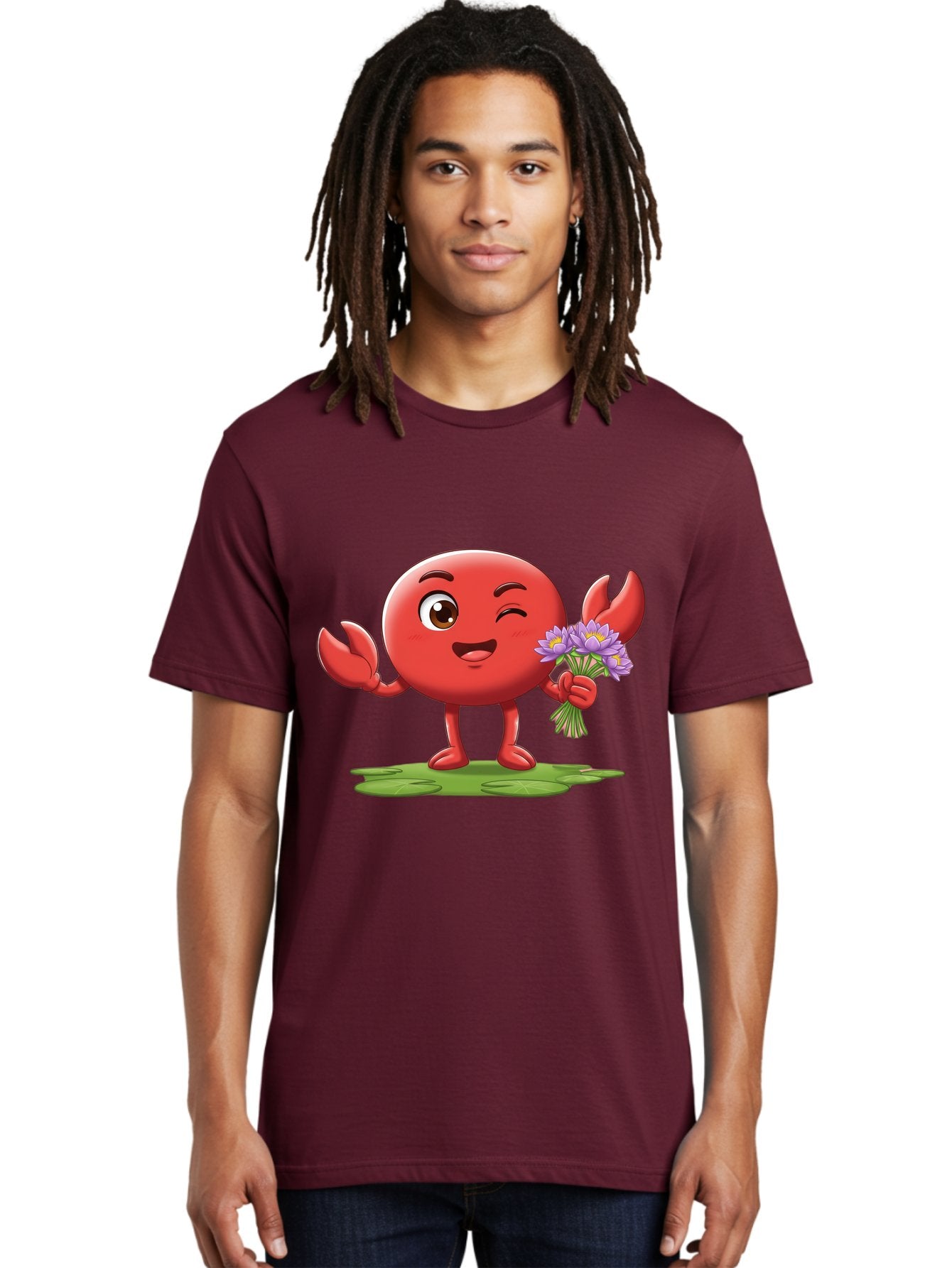 Crab-Character Men'S Graphic Tee, 100% Cotton, Comfortable Casual Summer Wear, Machine Washable, Cartoon Crab, Round Body, Red Crustacean, Happy Expression, Winking Eye, Waving Claw, Holding Flowers, Purple Blooms, Green Lily Pad, Bae160 24