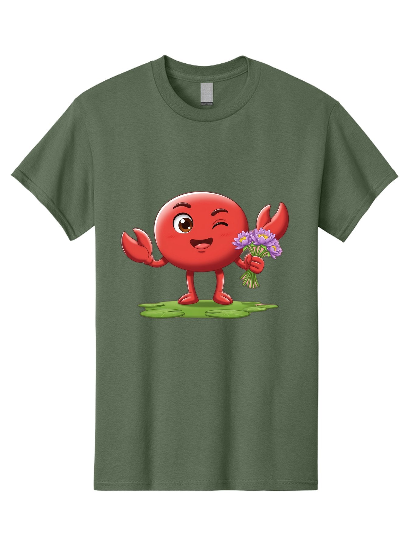 Crab-Character Men'S Graphic Tee, 100% Cotton, Comfortable Casual Summer Wear, Machine Washable, Cartoon Crab, Round Body, Red Crustacean, Happy Expression, Winking Eye, Waving Claw, Holding Flowers, Purple Blooms, Green Lily Pad, Bae160 10