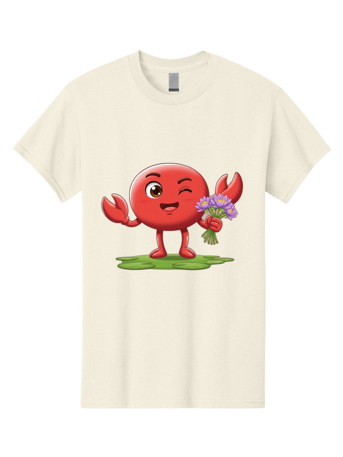 Crab-Character Men'S Graphic Tee, 100% Cotton, Comfortable Casual Summer Wear, Machine Washable, Cartoon Crab, Round Body, Red Crustacean, Happy Expression, Winking Eye, Waving Claw, Holding Flowers, Purple Blooms, Green Lily Pad, Bae160 3