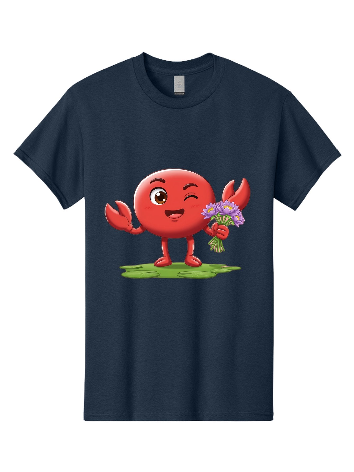 Crab-Character Men'S Graphic Tee, 100% Cotton, Comfortable Casual Summer Wear, Machine Washable, Cartoon Crab, Round Body, Red Crustacean, Happy Expression, Winking Eye, Waving Claw, Holding Flowers, Purple Blooms, Green Lily Pad, Bae160 5