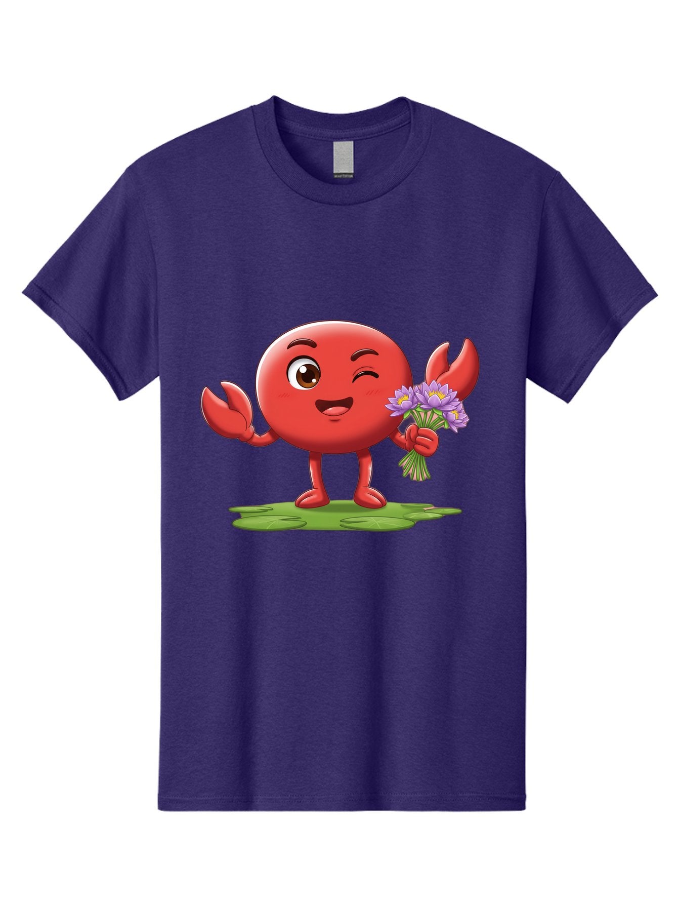 Crab-Character Men'S Graphic Tee, 100% Cotton, Comfortable Casual Summer Wear, Machine Washable, Cartoon Crab, Round Body, Red Crustacean, Happy Expression, Winking Eye, Waving Claw, Holding Flowers, Purple Blooms, Green Lily Pad, Bae160 15