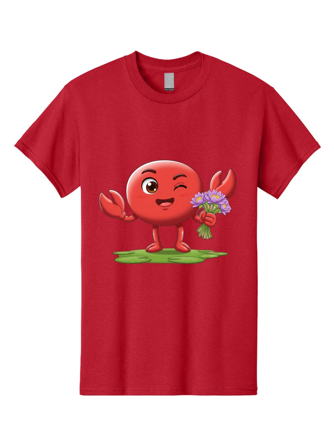 Crab-Character Men'S Graphic Tee, 100% Cotton, Comfortable Casual Summer Wear, Machine Washable, Cartoon Crab, Round Body, Red Crustacean, Happy Expression, Winking Eye, Waving Claw, Holding Flowers, Purple Blooms, Green Lily Pad, Bae160 14
