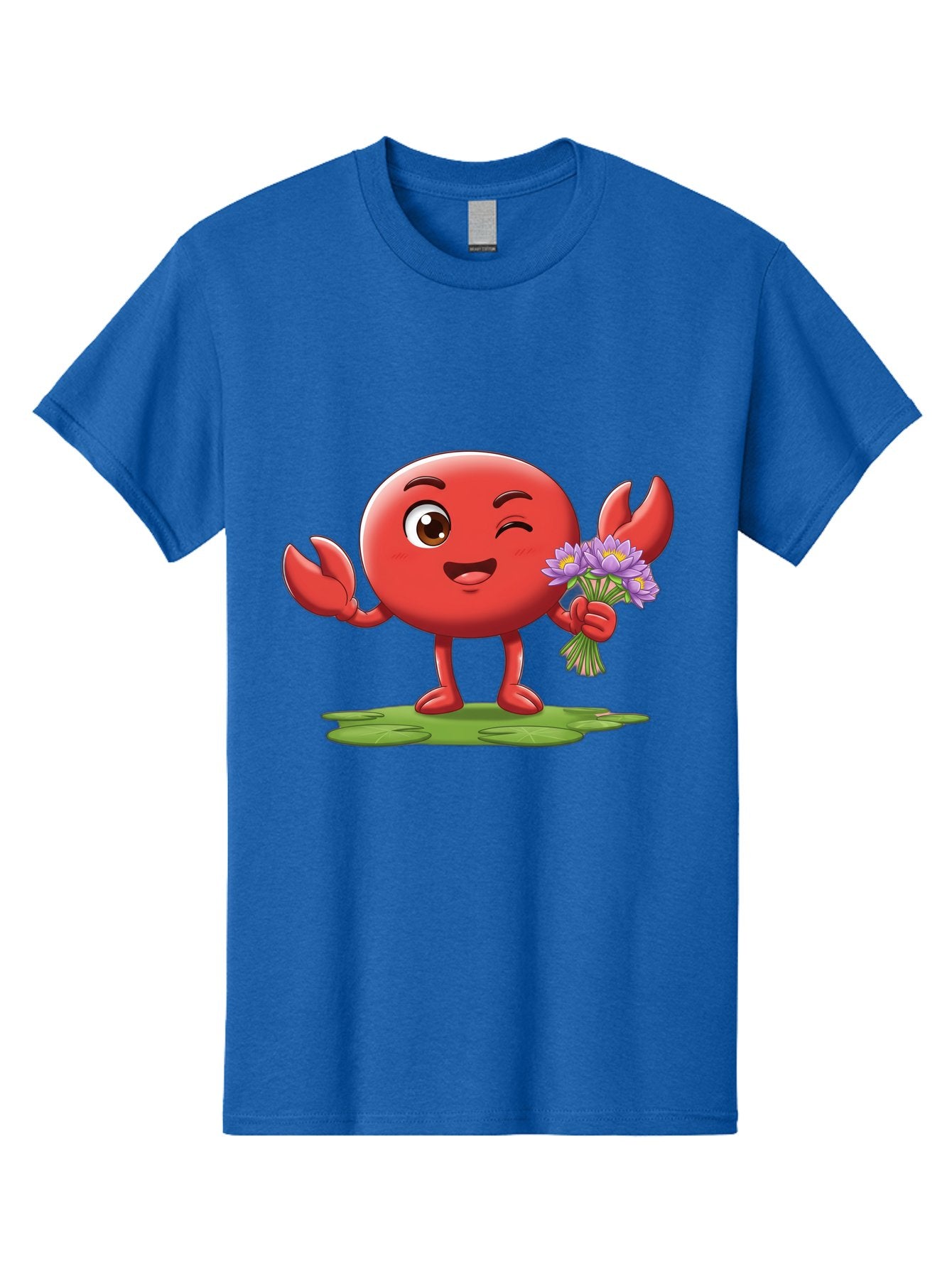 Crab-Character Men'S Graphic Tee, 100% Cotton, Comfortable Casual Summer Wear, Machine Washable, Cartoon Crab, Round Body, Red Crustacean, Happy Expression, Winking Eye, Waving Claw, Holding Flowers, Purple Blooms, Green Lily Pad, Bae160 12