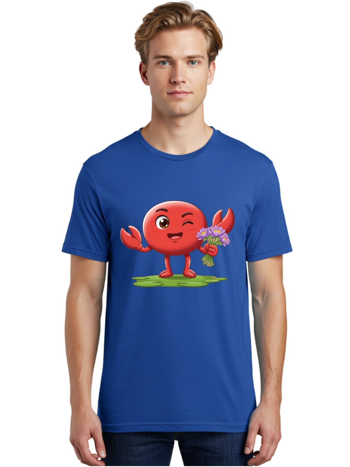 Crab-Character Men'S Graphic Tee, 100% Cotton, Comfortable Casual Summer Wear, Machine Washable, Cartoon Crab, Round Body, Red Crustacean, Happy Expression, Winking Eye, Waving Claw, Holding Flowers, Purple Blooms, Green Lily Pad, Bae160 28