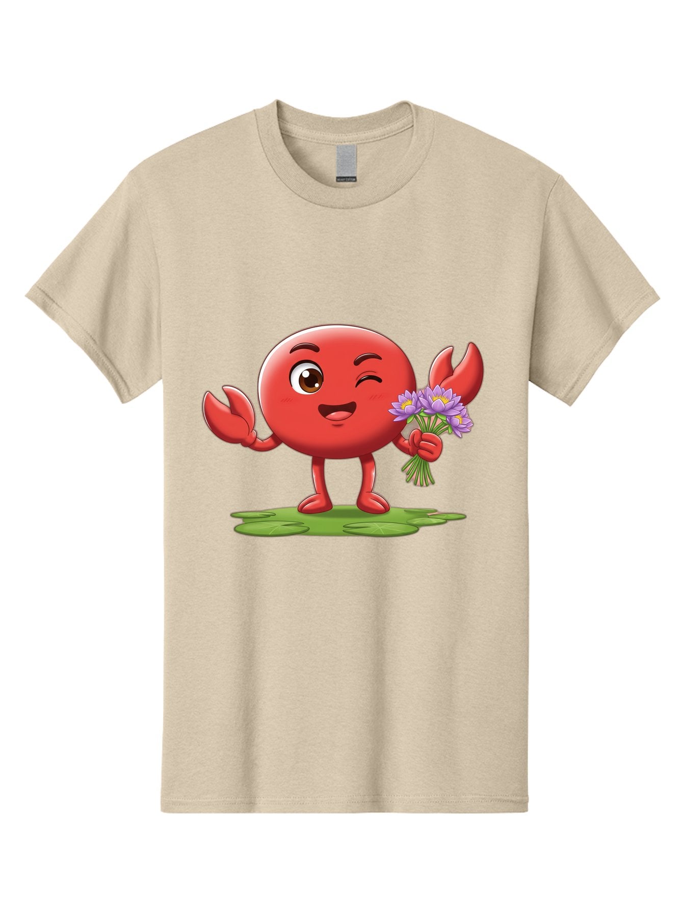 Crab-Character Men'S Graphic Tee, 100% Cotton, Comfortable Casual Summer Wear, Machine Washable, Cartoon Crab, Round Body, Red Crustacean, Happy Expression, Winking Eye, Waving Claw, Holding Flowers, Purple Blooms, Green Lily Pad, Bae160