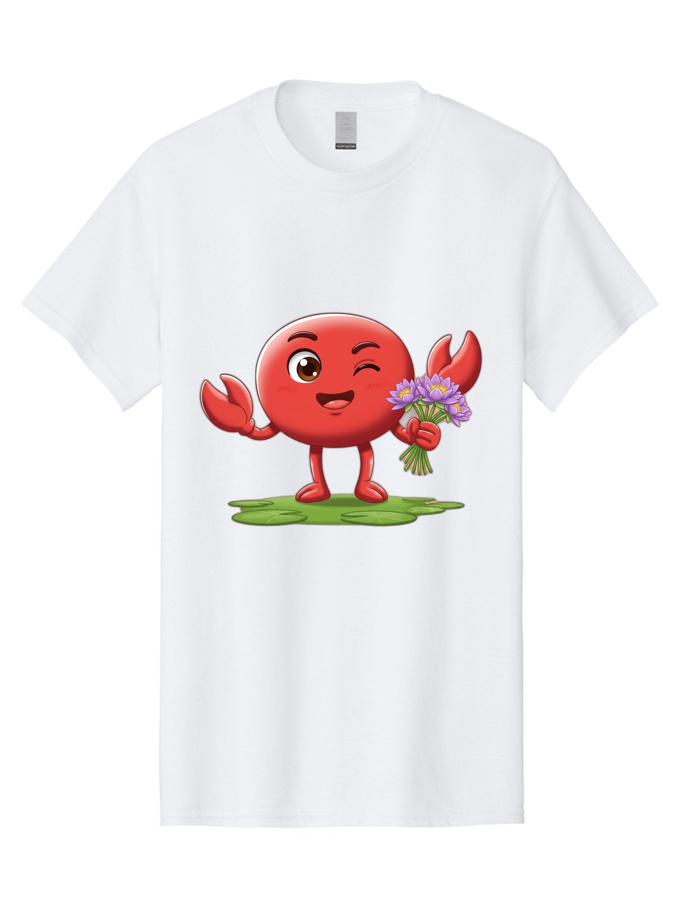 Crab-Character Men'S Graphic Tee, 100% Cotton, Comfortable Casual Summer Wear, Machine Washable, Cartoon Crab, Round Body, Red Crustacean, Happy Expression, Winking Eye, Waving Claw, Holding Flowers, Purple Blooms, Green Lily Pad, Bae160 9
