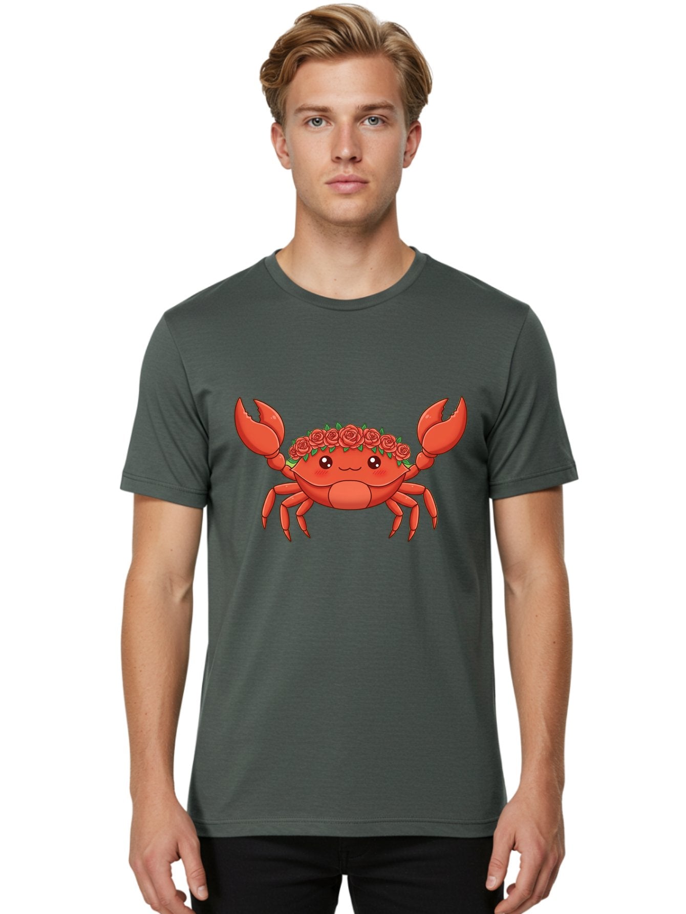 Crab-Wearing-Rose-Crown Men'S Graphic Tee, 100% Cotton, Comfortable Casual Summer Wear, Machine Washable, Cartoon Crab, Red Roses, Floral Crown, Cute Crustacean, Smiling Face, Red Crab, Rose Wreath, Kawaii Art Bae162 25