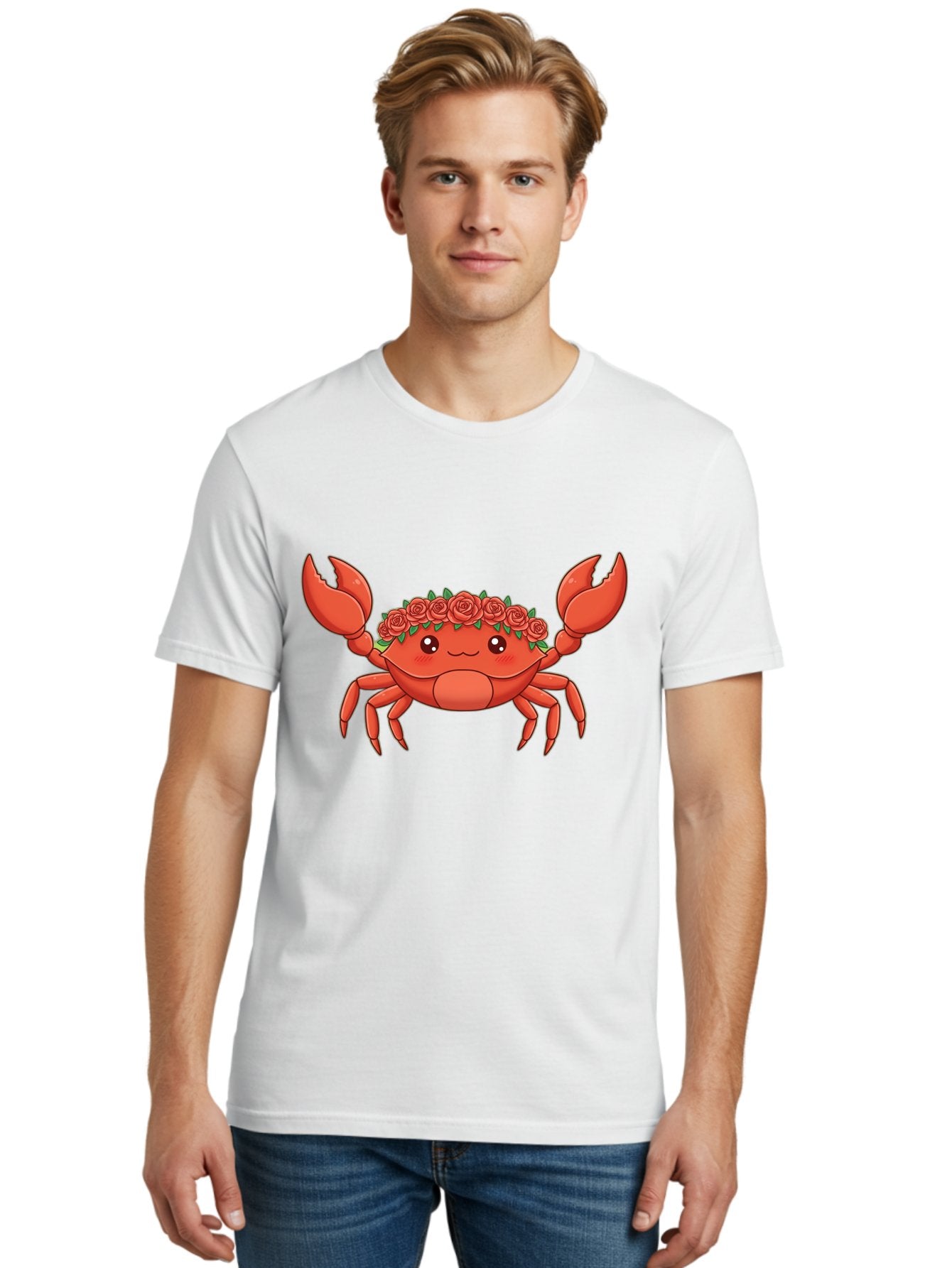 Crab-Wearing-Rose-Crown Men'S Graphic Tee, 100% Cotton, Comfortable Casual Summer Wear, Machine Washable, Cartoon Crab, Red Roses, Floral Crown, Cute Crustacean, Smiling Face, Red Crab, Rose Wreath, Kawaii Art Bae162 19