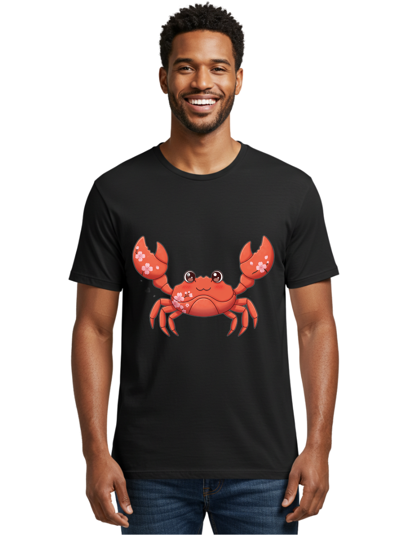 Crab-With-Cherry-Blossoms Men'S Graphic Tee, 100% Cotton, Comfortable Casual Summer Wear, Machine Washable, Cartoon Crab, Cherry Blossoms, Pink Flowers, Cute Crustacean, Anime Style, Kawaii Art, Red Crab, Floral Decorations, Ocean Creature Bae163 24