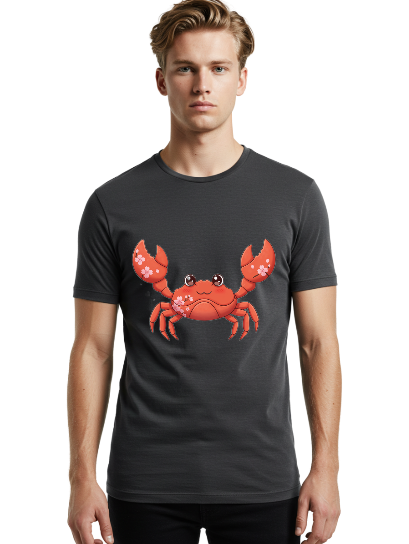 Crab-With-Cherry-Blossoms Men'S Graphic Tee, 100% Cotton, Comfortable Casual Summer Wear, Machine Washable, Cartoon Crab, Cherry Blossoms, Pink Flowers, Cute Crustacean, Anime Style, Kawaii Art, Red Crab, Floral Decorations, Ocean Creature Bae163 21