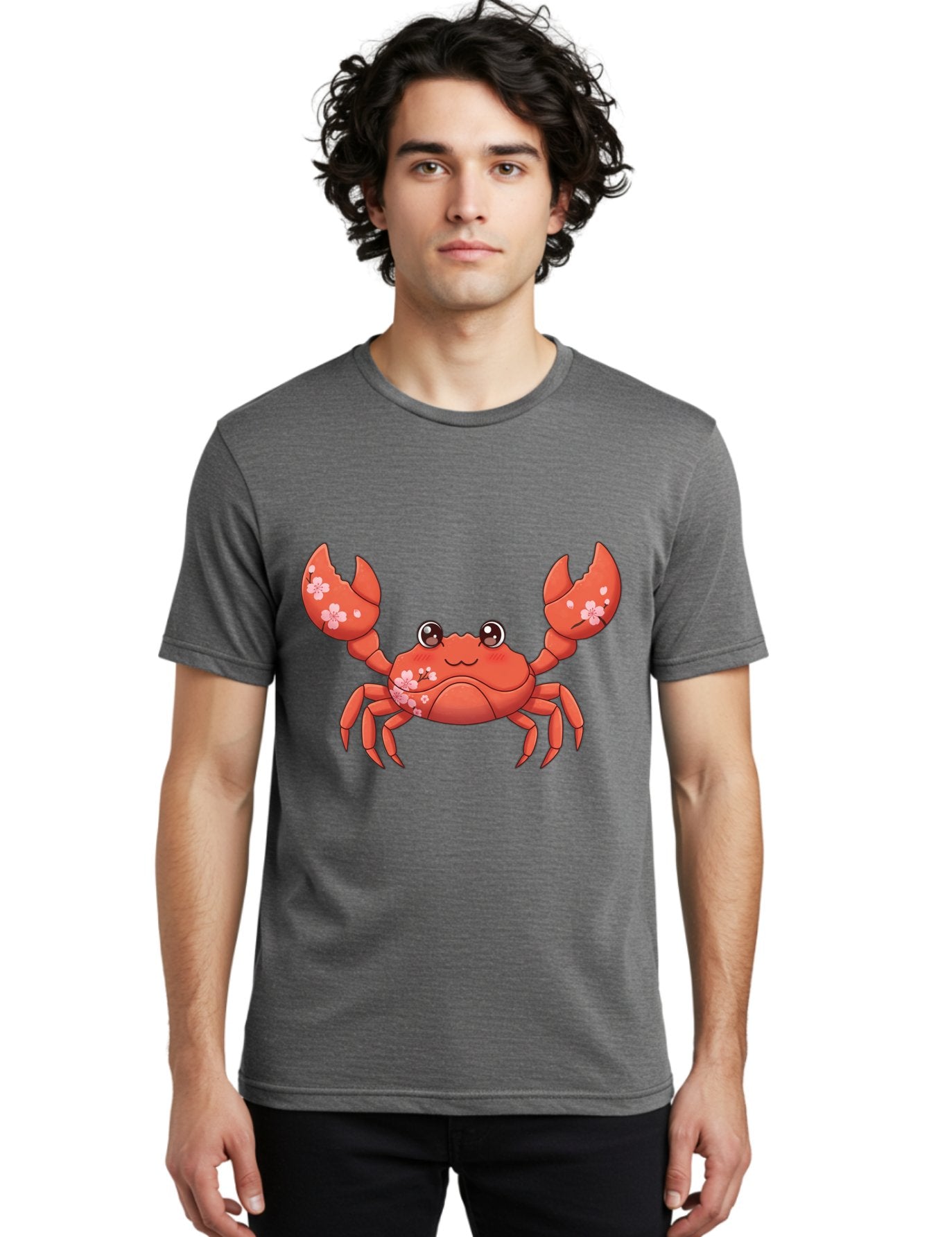 Crab-With-Cherry-Blossoms Men'S Graphic Tee, 100% Cotton, Comfortable Casual Summer Wear, Machine Washable, Cartoon Crab, Cherry Blossoms, Pink Flowers, Cute Crustacean, Anime Style, Kawaii Art, Red Crab, Floral Decorations, Ocean Creature Bae163 26