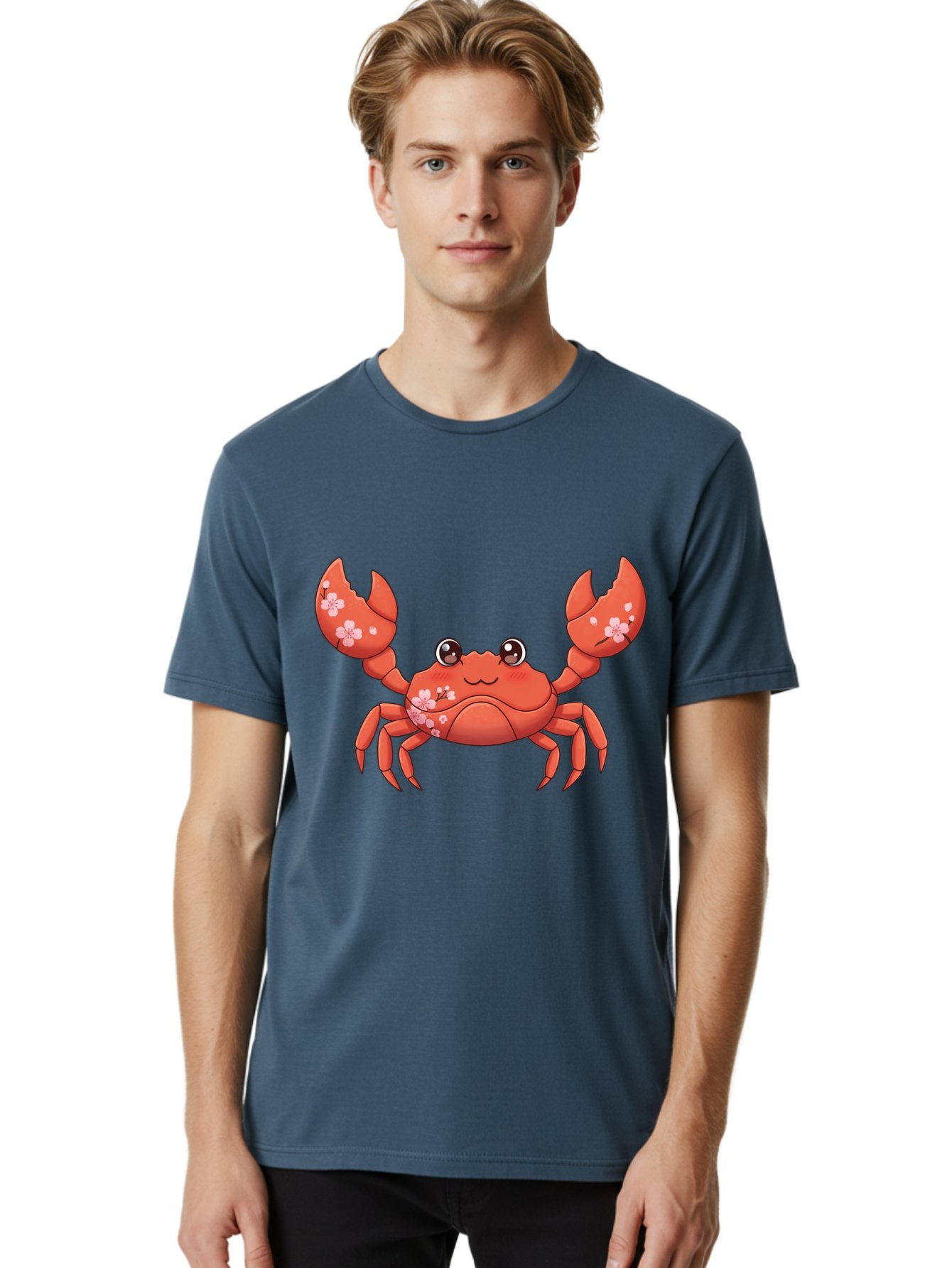Crab-With-Cherry-Blossoms Men'S Graphic Tee, 100% Cotton, Comfortable Casual Summer Wear, Machine Washable, Cartoon Crab, Cherry Blossoms, Pink Flowers, Cute Crustacean, Anime Style, Kawaii Art, Red Crab, Floral Decorations, Ocean Creature Bae163 24