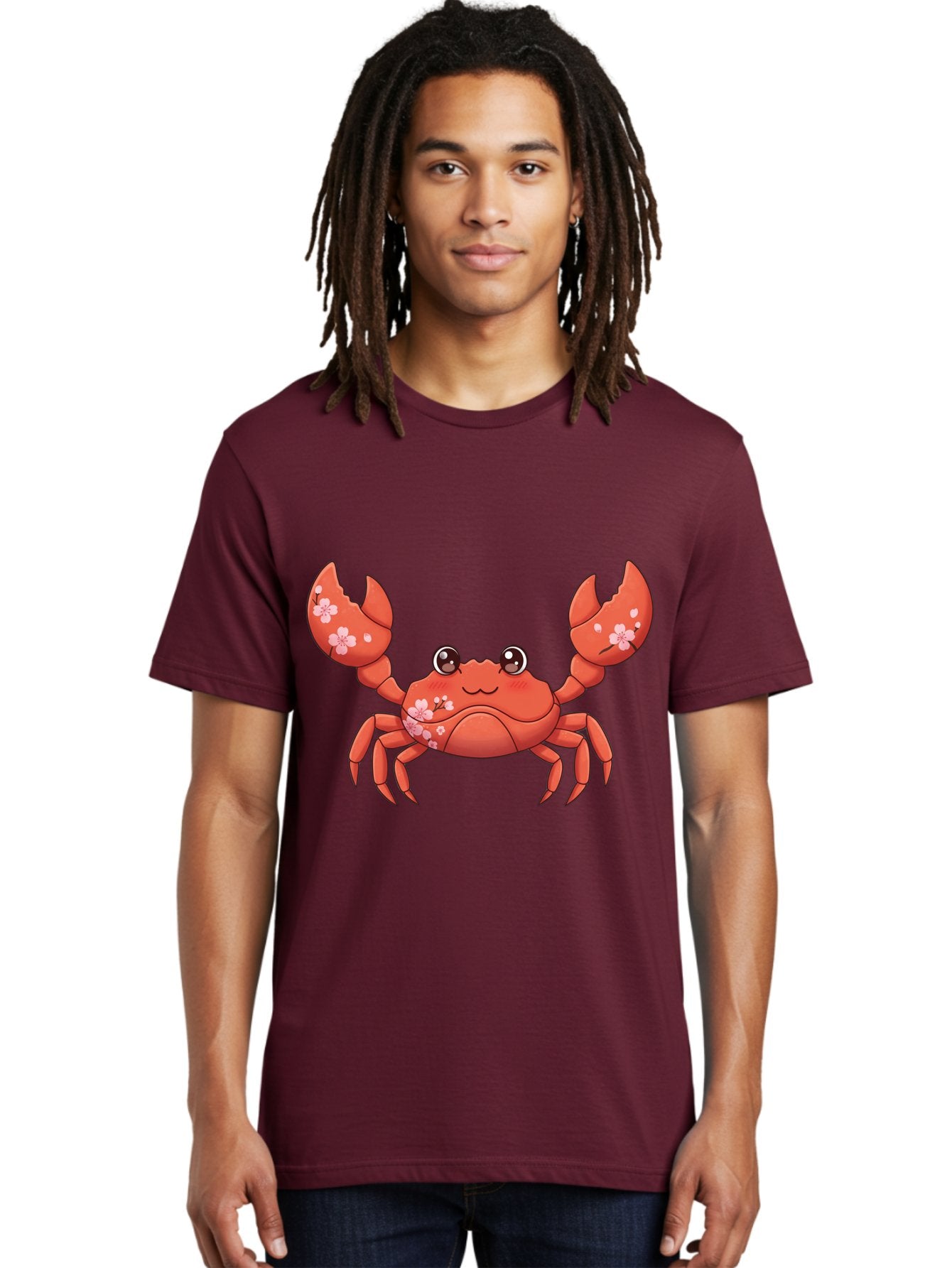 Crab-With-Cherry-Blossoms Men'S Graphic Tee, 100% Cotton, Comfortable Casual Summer Wear, Machine Washable, Cartoon Crab, Cherry Blossoms, Pink Flowers, Cute Crustacean, Anime Style, Kawaii Art, Red Crab, Floral Decorations, Ocean Creature Bae163 17