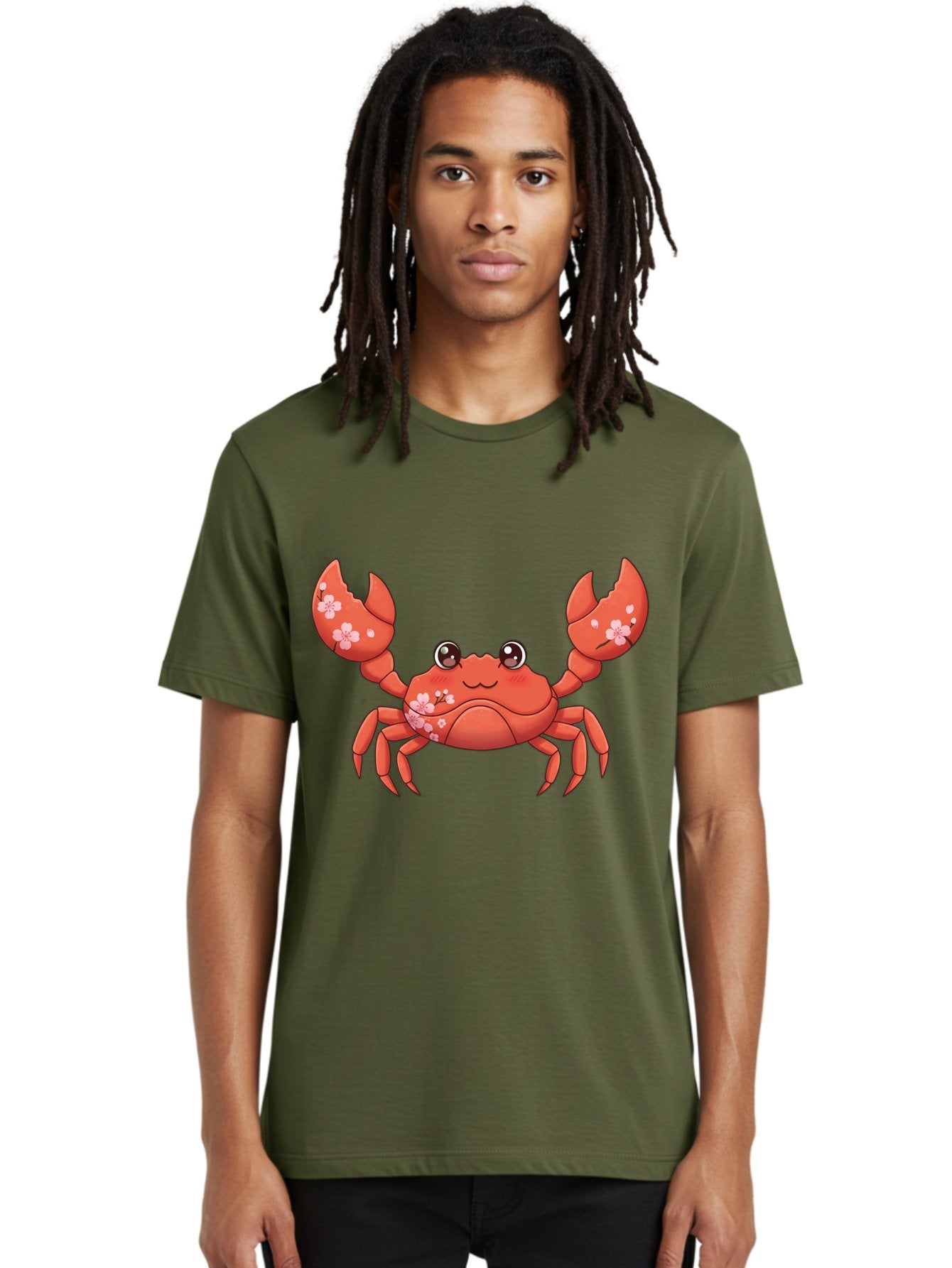 Crab-With-Cherry-Blossoms Men'S Graphic Tee, 100% Cotton, Comfortable Casual Summer Wear, Machine Washable, Cartoon Crab, Cherry Blossoms, Pink Flowers, Cute Crustacean, Anime Style, Kawaii Art, Red Crab, Floral Decorations, Ocean Creature Bae163 16
