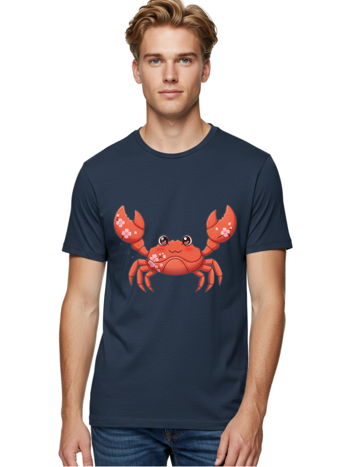 Crab-With-Cherry-Blossoms Men'S Graphic Tee, 100% Cotton, Comfortable Casual Summer Wear, Machine Washable, Cartoon Crab, Cherry Blossoms, Pink Flowers, Cute Crustacean, Anime Style, Kawaii Art, Red Crab, Floral Decorations, Ocean Creature Bae163 30