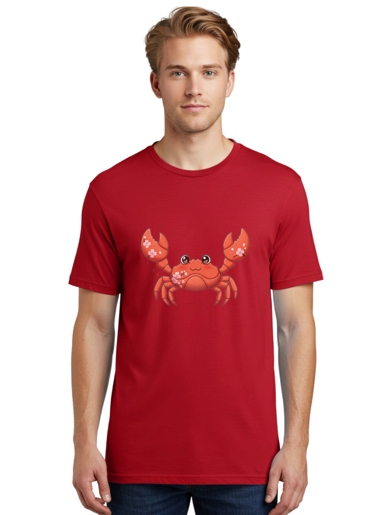 Crab-With-Cherry-Blossoms Men'S Graphic Tee, 100% Cotton, Comfortable Casual Summer Wear, Machine Washable, Cartoon Crab, Cherry Blossoms, Pink Flowers, Cute Crustacean, Anime Style, Kawaii Art, Red Crab, Floral Decorations, Ocean Creature Bae163 18
