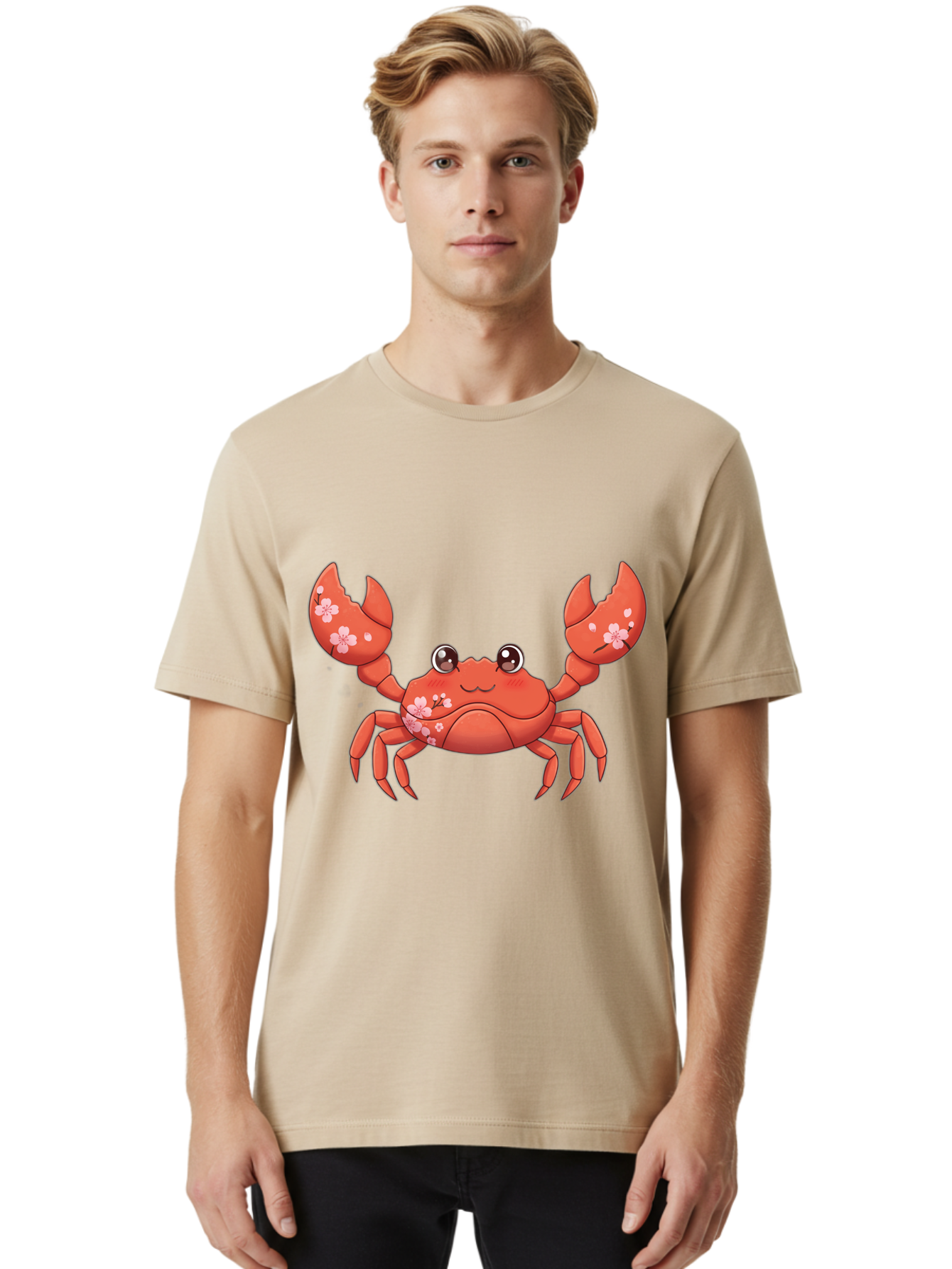 Crab-With-Cherry-Blossoms Men'S Graphic Tee, 100% Cotton, Comfortable Casual Summer Wear, Machine Washable, Cartoon Crab, Cherry Blossoms, Pink Flowers, Cute Crustacean, Anime Style, Kawaii Art, Red Crab, Floral Decorations, Ocean Creature Bae163 26