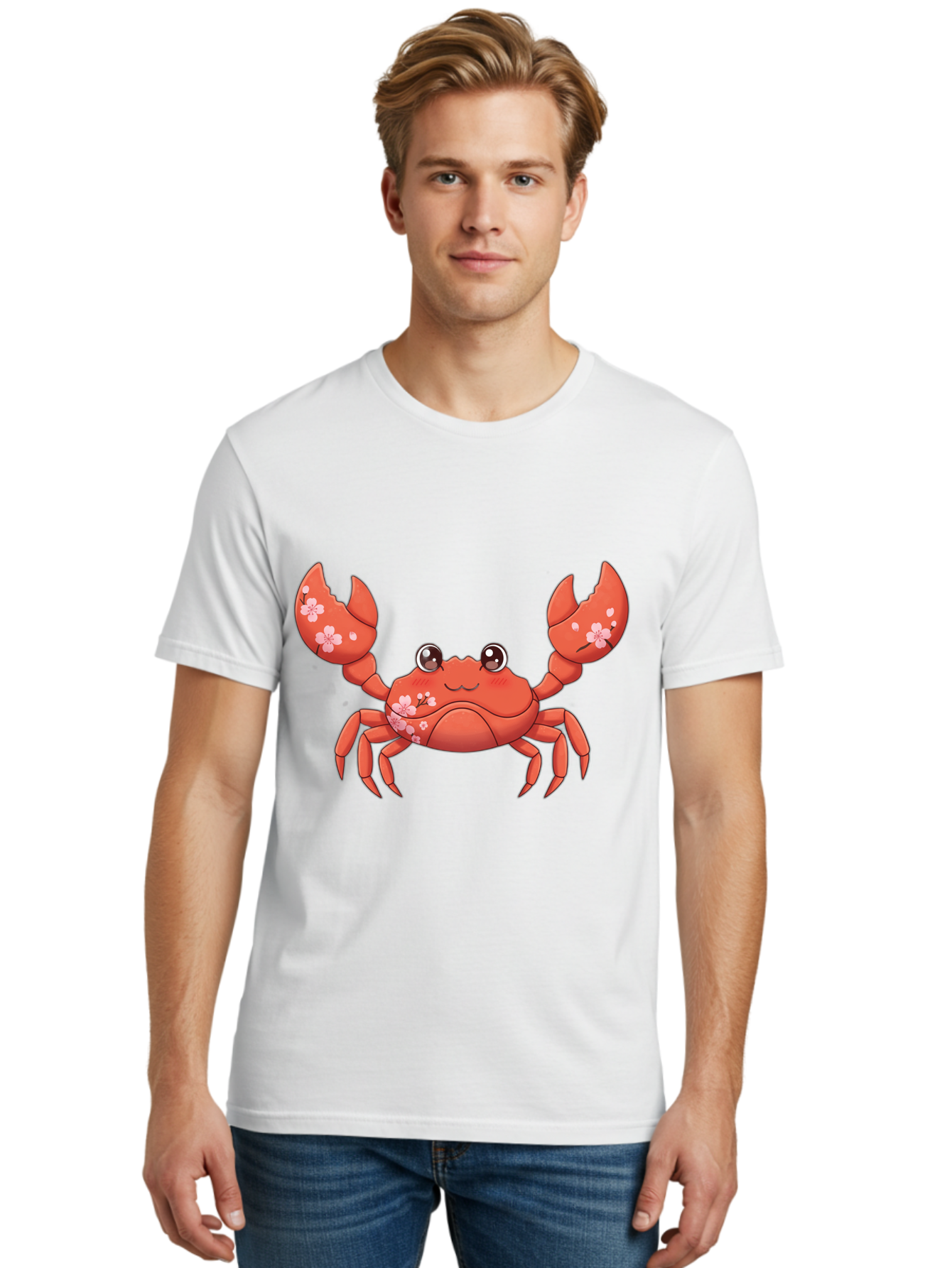 Crab-With-Cherry-Blossoms Men'S Graphic Tee, 100% Cotton, Comfortable Casual Summer Wear, Machine Washable, Cartoon Crab, Cherry Blossoms, Pink Flowers, Cute Crustacean, Anime Style, Kawaii Art, Red Crab, Floral Decorations, Ocean Creature Bae163 23