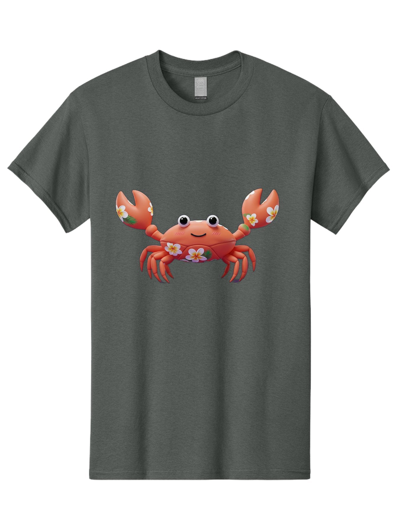 Crab-With-Flowers-1 Men'S Graphic Tee, 100% Cotton, Comfortable Casual Summer Wear, Machine Washable, Cartoon Crab, Floral Decoration, Orange Crustacean, Tropical Flowers, Smiling Face, Cute Design, Beach Theme, Island Vibes, Playful Character Bae164 3