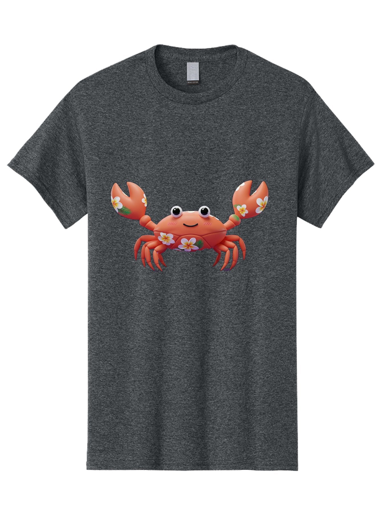 Crab-With-Flowers-1 Men'S Graphic Tee, 100% Cotton, Comfortable Casual Summer Wear, Machine Washable, Cartoon Crab, Floral Decoration, Orange Crustacean, Tropical Flowers, Smiling Face, Cute Design, Beach Theme, Island Vibes, Playful Character Bae164