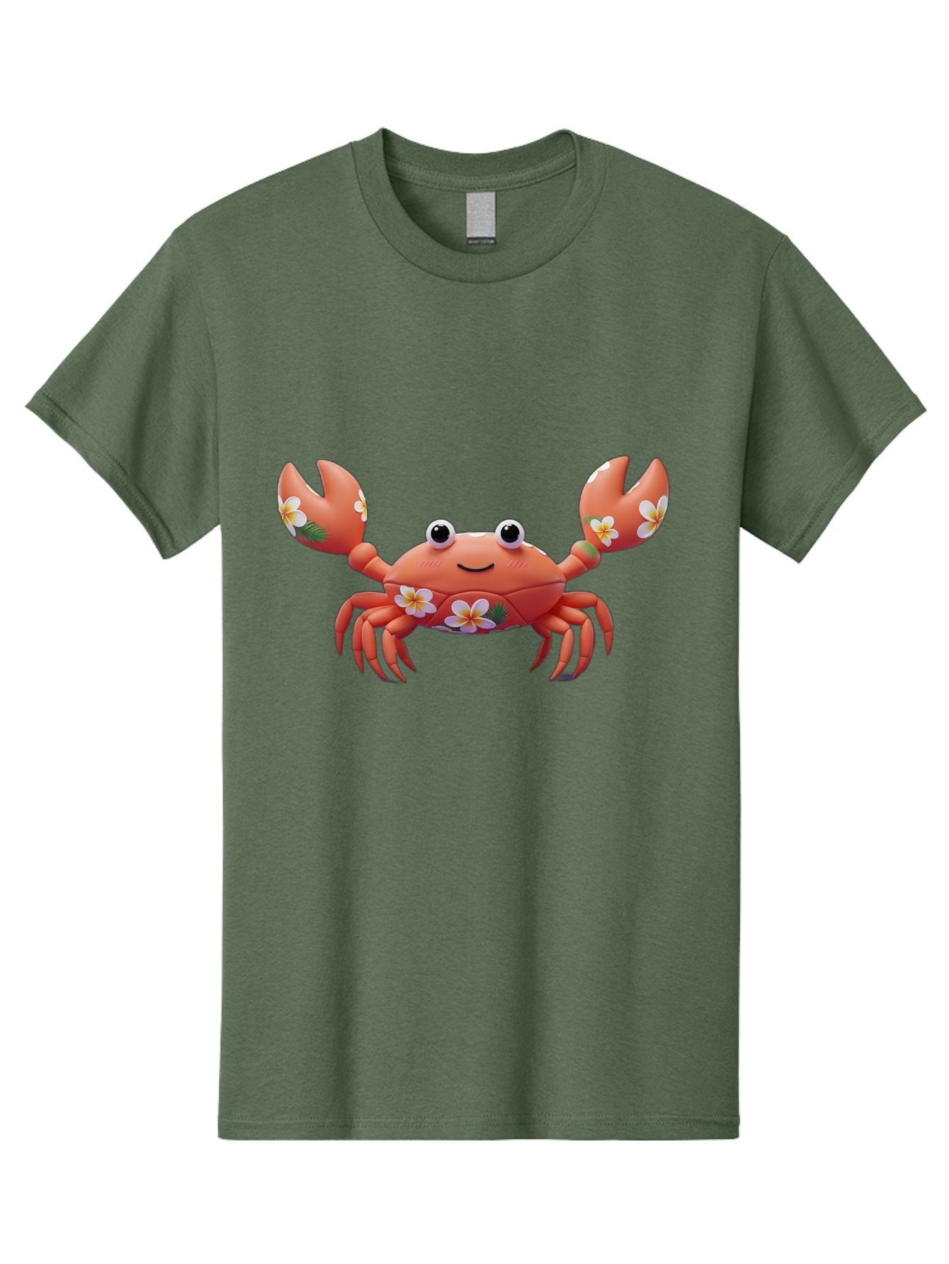 Crab-With-Flowers-1 Men'S Graphic Tee, 100% Cotton, Comfortable Casual Summer Wear, Machine Washable, Cartoon Crab, Floral Decoration, Orange Crustacean, Tropical Flowers, Smiling Face, Cute Design, Beach Theme, Island Vibes, Playful Character Bae164 5