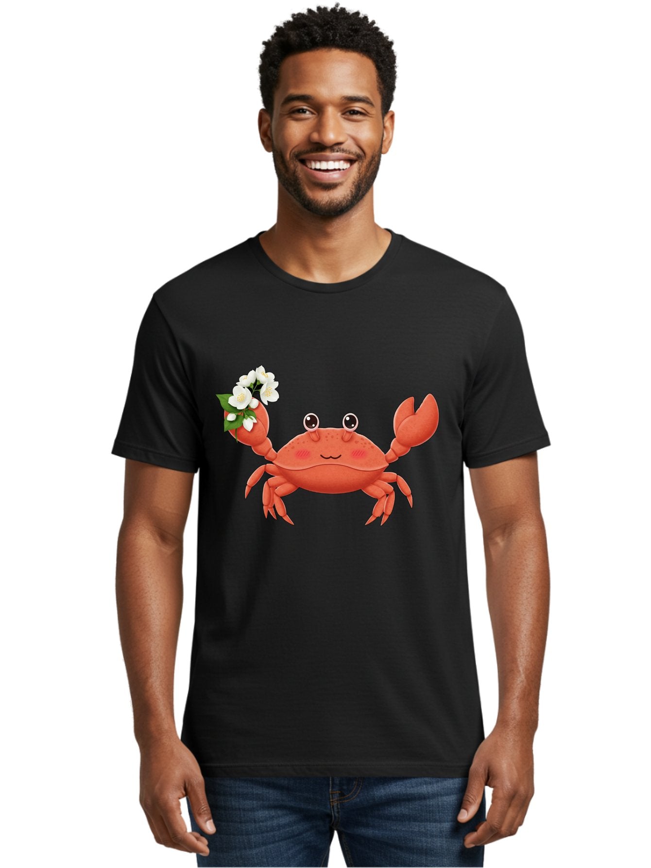Crab-With-Flowers-2 Men'S Graphic Tee, 100% Cotton, Comfortable Casual Summer Wear, Machine Washable, Cartoon Crab, Pink Crustacean, White Flowers, Green Leaves, Playful Character, Cute Illustration, Kawaii Art, Smiling Crab, Floral Claw, Bae165 23