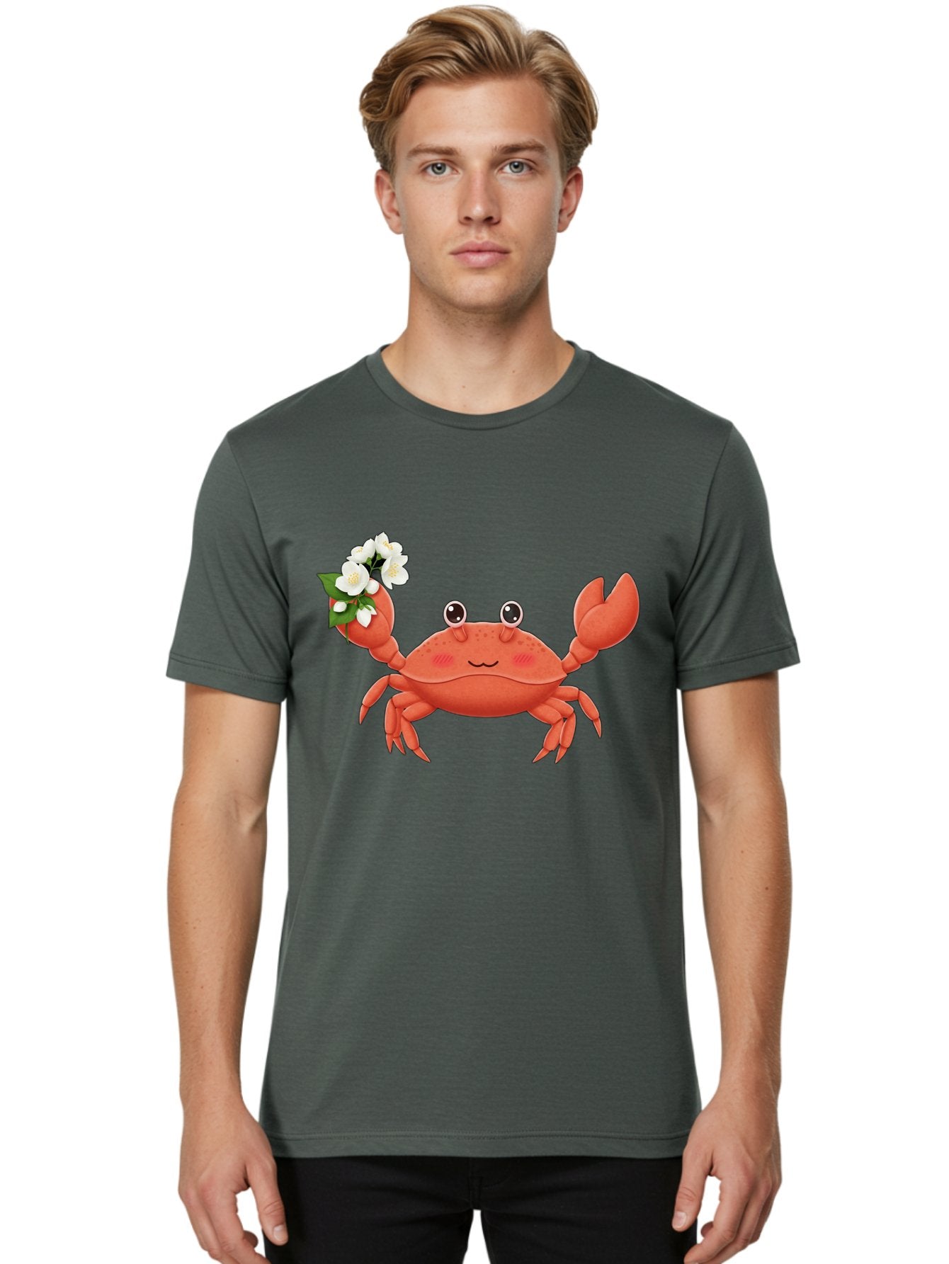 Crab-With-Flowers-2 Men'S Graphic Tee, 100% Cotton, Comfortable Casual Summer Wear, Machine Washable, Cartoon Crab, Pink Crustacean, White Flowers, Green Leaves, Playful Character, Cute Illustration, Kawaii Art, Smiling Crab, Floral Claw, Bae165 20