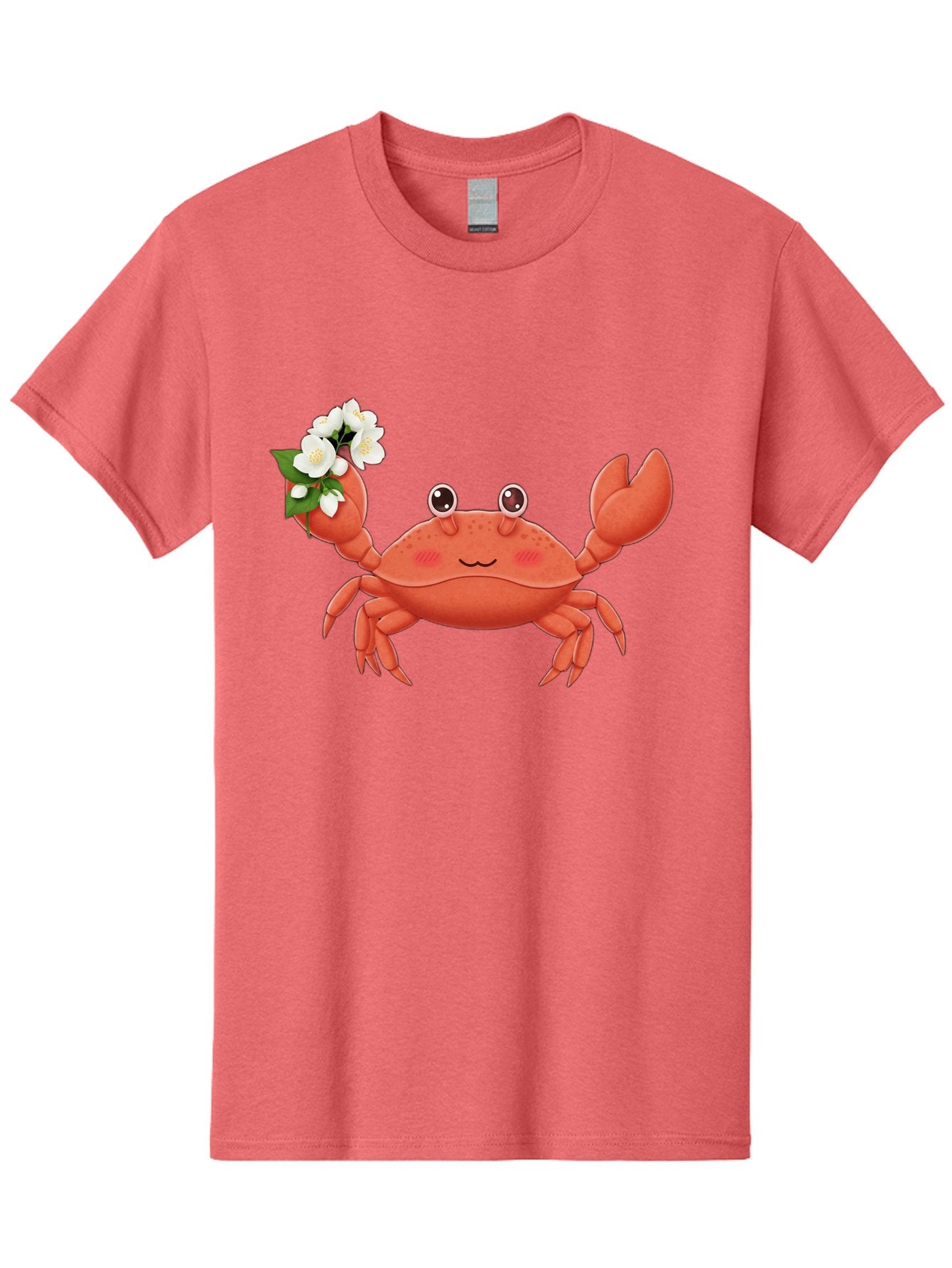 Crab-With-Flowers-2 Men'S Graphic Tee, 100% Cotton, Comfortable Casual Summer Wear, Machine Washable, Cartoon Crab, Pink Crustacean, White Flowers, Green Leaves, Playful Character, Cute Illustration, Kawaii Art, Smiling Crab, Floral Claw, Bae165 3