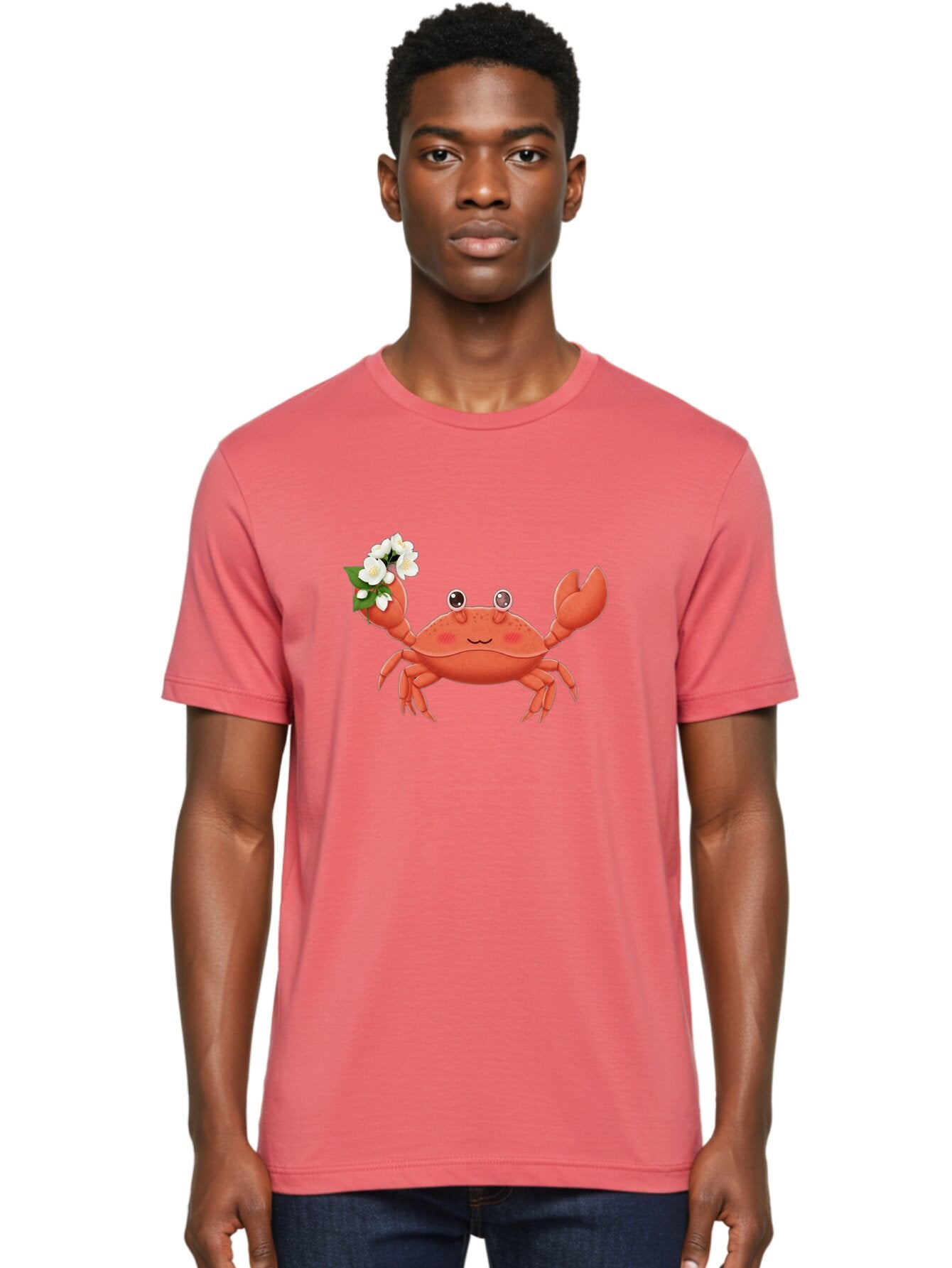 Crab-With-Flowers-2 Men'S Graphic Tee, 100% Cotton, Comfortable Casual Summer Wear, Machine Washable, Cartoon Crab, Pink Crustacean, White Flowers, Green Leaves, Playful Character, Cute Illustration, Kawaii Art, Smiling Crab, Floral Claw, Bae165 22