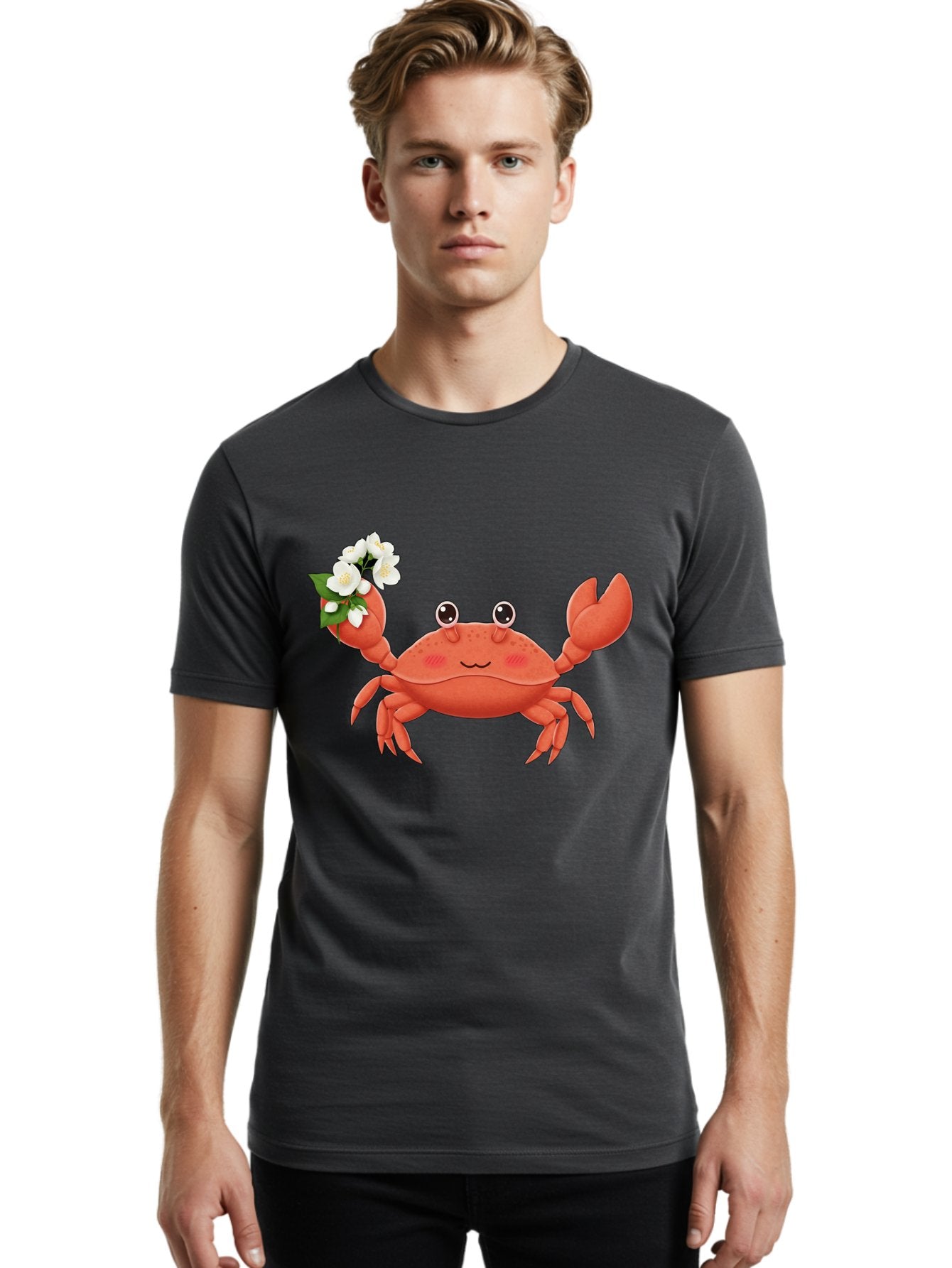 Crab-With-Flowers-2 Men'S Graphic Tee, 100% Cotton, Comfortable Casual Summer Wear, Machine Washable, Cartoon Crab, Pink Crustacean, White Flowers, Green Leaves, Playful Character, Cute Illustration, Kawaii Art, Smiling Crab, Floral Claw, Bae165 18