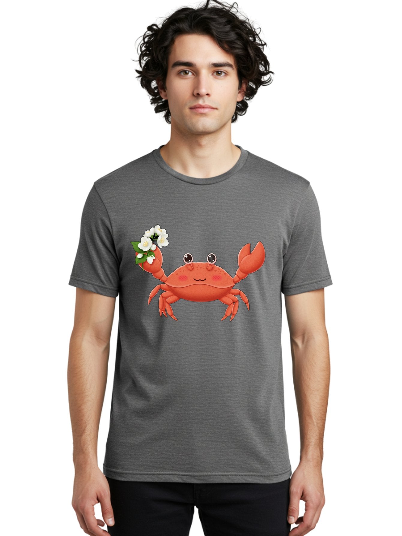 Crab-With-Flowers-2 Men'S Graphic Tee, 100% Cotton, Comfortable Casual Summer Wear, Machine Washable, Cartoon Crab, Pink Crustacean, White Flowers, Green Leaves, Playful Character, Cute Illustration, Kawaii Art, Smiling Crab, Floral Claw, Bae165 24
