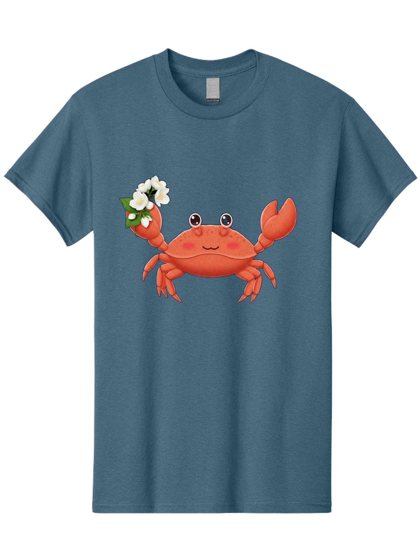 Crab-With-Flowers-2 Men'S Graphic Tee, 100% Cotton, Comfortable Casual Summer Wear, Machine Washable, Cartoon Crab, Pink Crustacean, White Flowers, Green Leaves, Playful Character, Cute Illustration, Kawaii Art, Smiling Crab, Floral Claw, Bae165