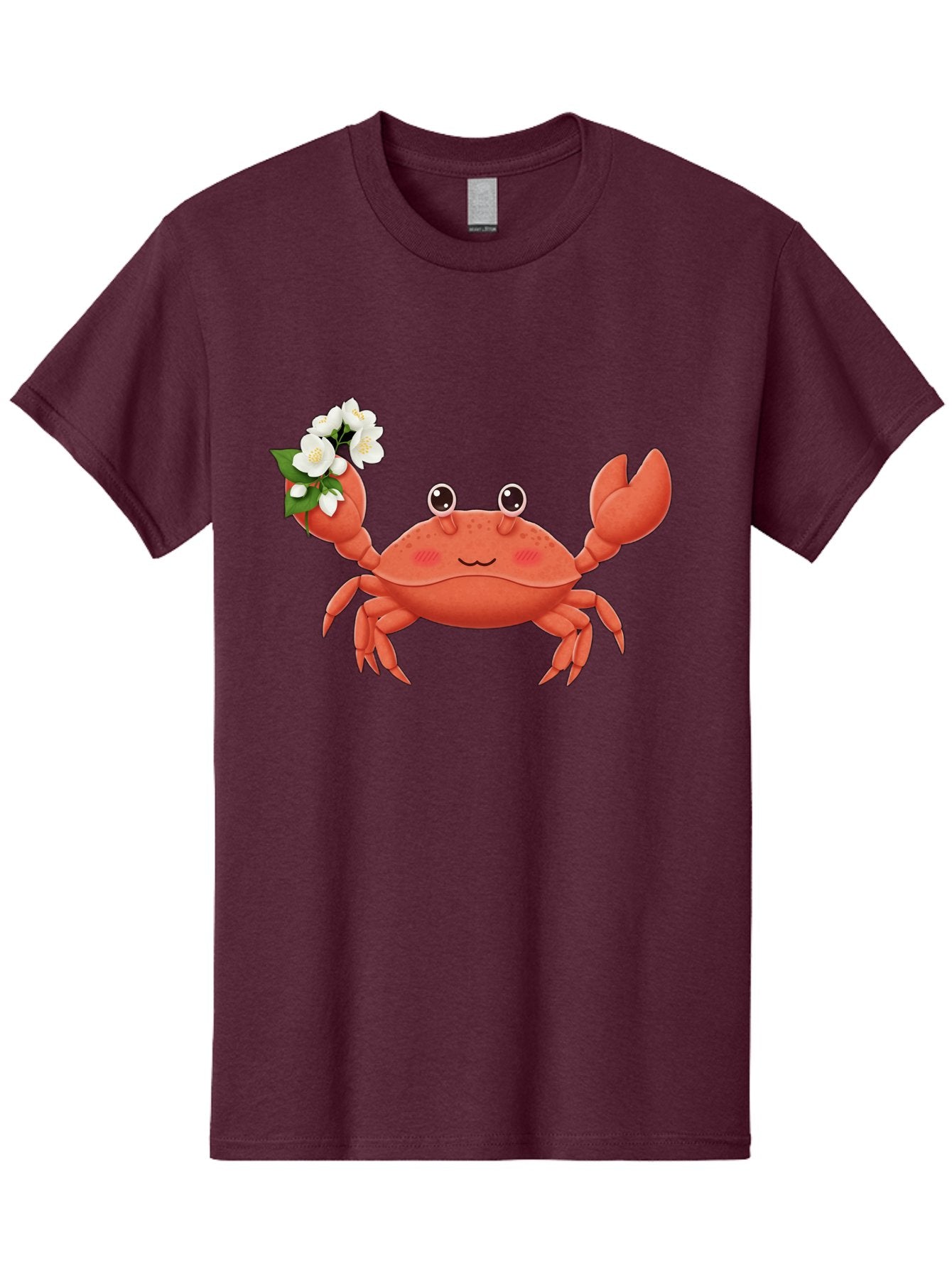 Crab-With-Flowers-2 Men'S Graphic Tee, 100% Cotton, Comfortable Casual Summer Wear, Machine Washable, Cartoon Crab, Pink Crustacean, White Flowers, Green Leaves, Playful Character, Cute Illustration, Kawaii Art, Smiling Crab, Floral Claw, Bae165 12