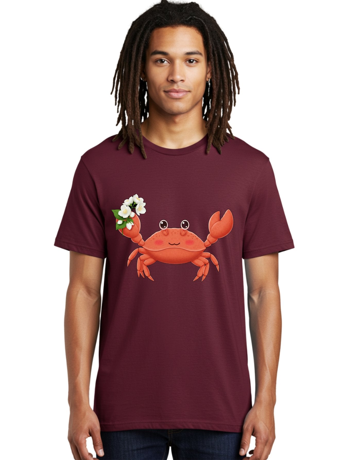 Crab-With-Flowers-2 Men'S Graphic Tee, 100% Cotton, Comfortable Casual Summer Wear, Machine Washable, Cartoon Crab, Pink Crustacean, White Flowers, Green Leaves, Playful Character, Cute Illustration, Kawaii Art, Smiling Crab, Floral Claw, Bae165 28