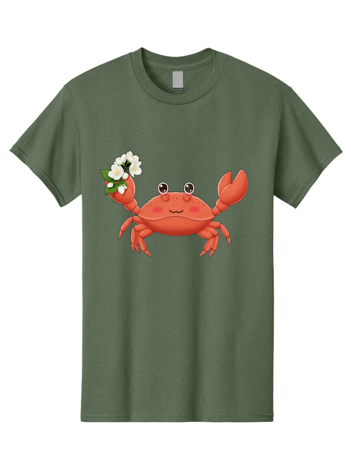 Crab-With-Flowers-2 Men'S Graphic Tee, 100% Cotton, Comfortable Casual Summer Wear, Machine Washable, Cartoon Crab, Pink Crustacean, White Flowers, Green Leaves, Playful Character, Cute Illustration, Kawaii Art, Smiling Crab, Floral Claw, Bae165 9