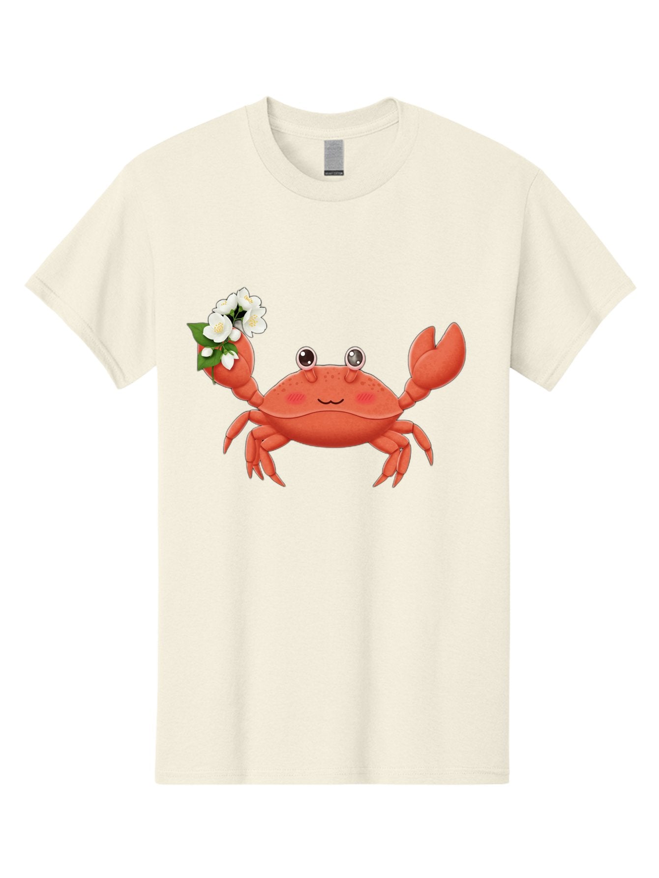 Crab-With-Flowers-2 Men'S Graphic Tee, 100% Cotton, Comfortable Casual Summer Wear, Machine Washable, Cartoon Crab, Pink Crustacean, White Flowers, Green Leaves, Playful Character, Cute Illustration, Kawaii Art, Smiling Crab, Floral Claw, Bae165