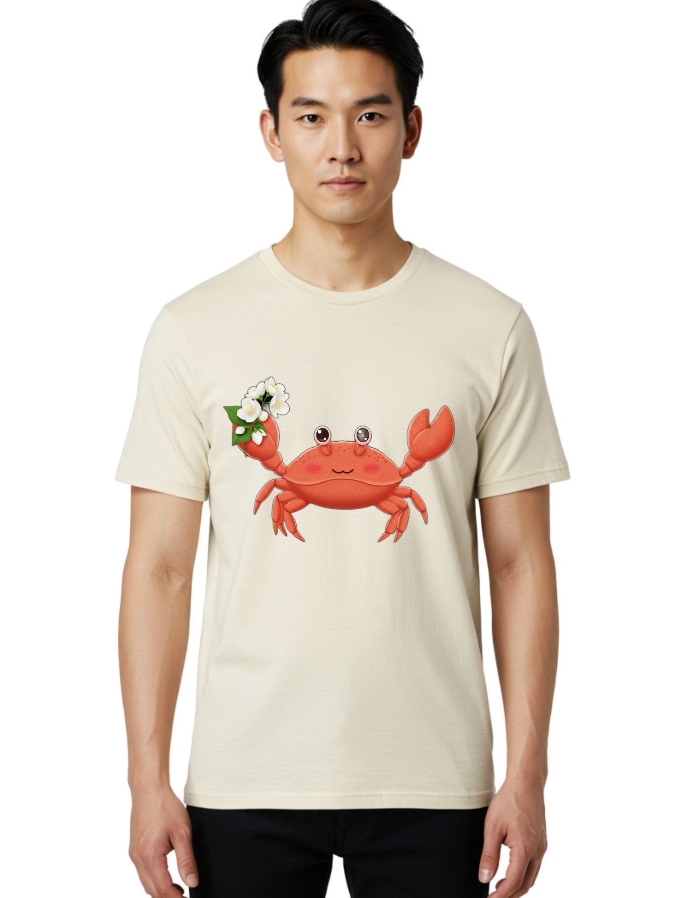 Crab-With-Flowers-2 Men'S Graphic Tee, 100% Cotton, Comfortable Casual Summer Wear, Machine Washable, Cartoon Crab, Pink Crustacean, White Flowers, Green Leaves, Playful Character, Cute Illustration, Kawaii Art, Smiling Crab, Floral Claw, Bae165 21
