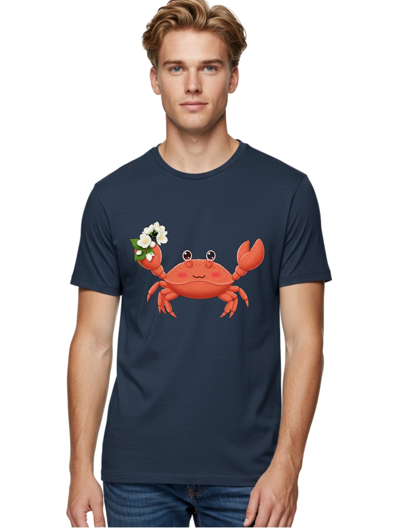Crab-With-Flowers-2 Men'S Graphic Tee, 100% Cotton, Comfortable Casual Summer Wear, Machine Washable, Cartoon Crab, Pink Crustacean, White Flowers, Green Leaves, Playful Character, Cute Illustration, Kawaii Art, Smiling Crab, Floral Claw, Bae165 25