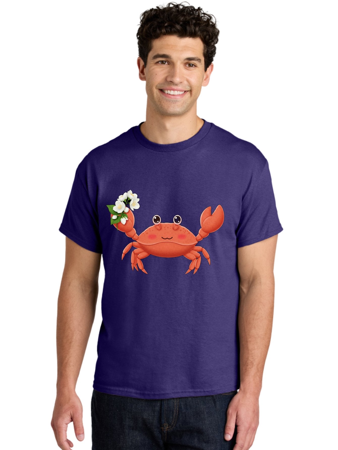 Crab-With-Flowers-2 Men'S Graphic Tee, 100% Cotton, Comfortable Casual Summer Wear, Machine Washable, Cartoon Crab, Pink Crustacean, White Flowers, Green Leaves, Playful Character, Cute Illustration, Kawaii Art, Smiling Crab, Floral Claw, Bae165 16