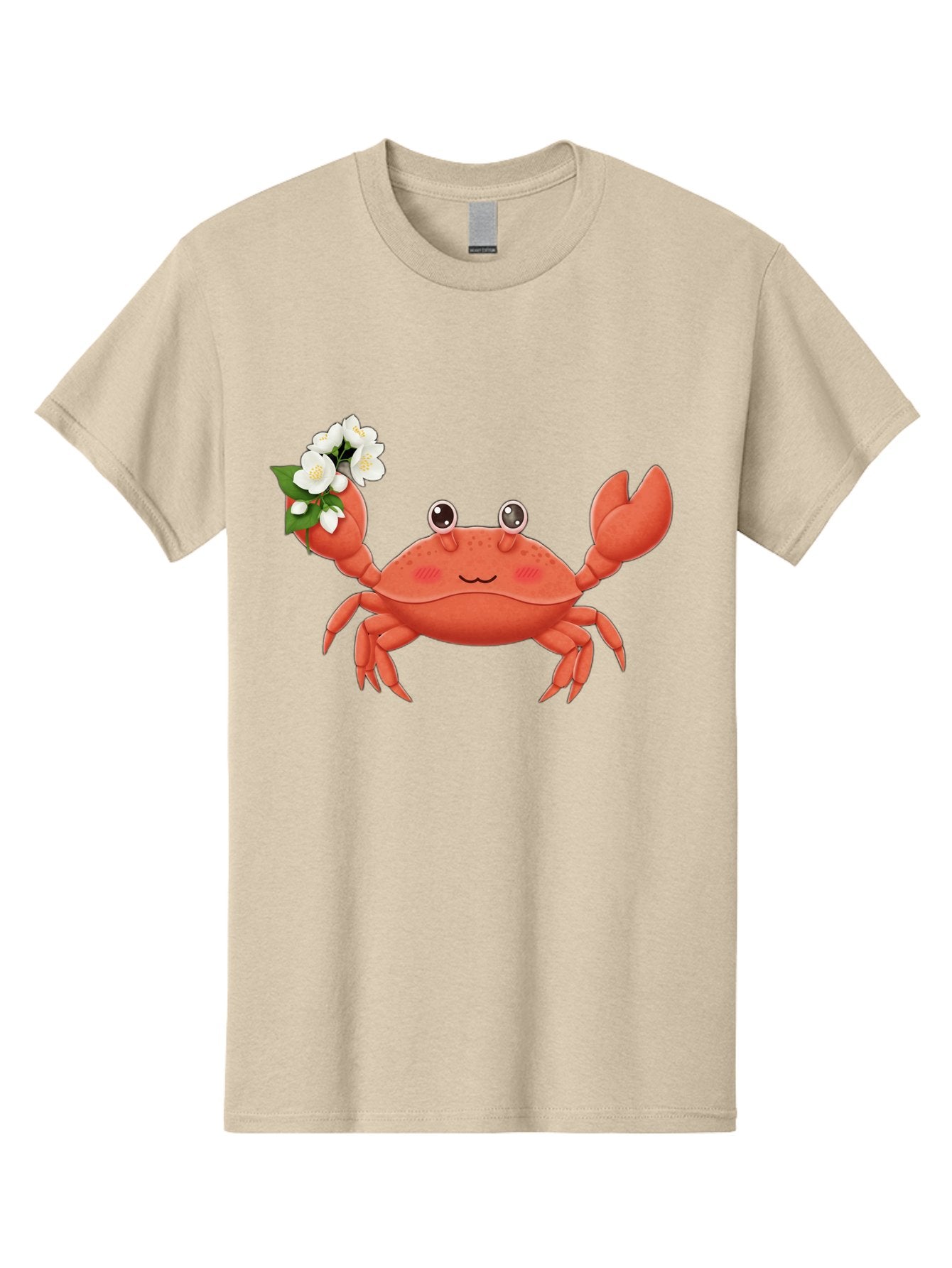 Crab-With-Flowers-2 Men'S Graphic Tee, 100% Cotton, Comfortable Casual Summer Wear, Machine Washable, Cartoon Crab, Pink Crustacean, White Flowers, Green Leaves, Playful Character, Cute Illustration, Kawaii Art, Smiling Crab, Floral Claw, Bae165 10