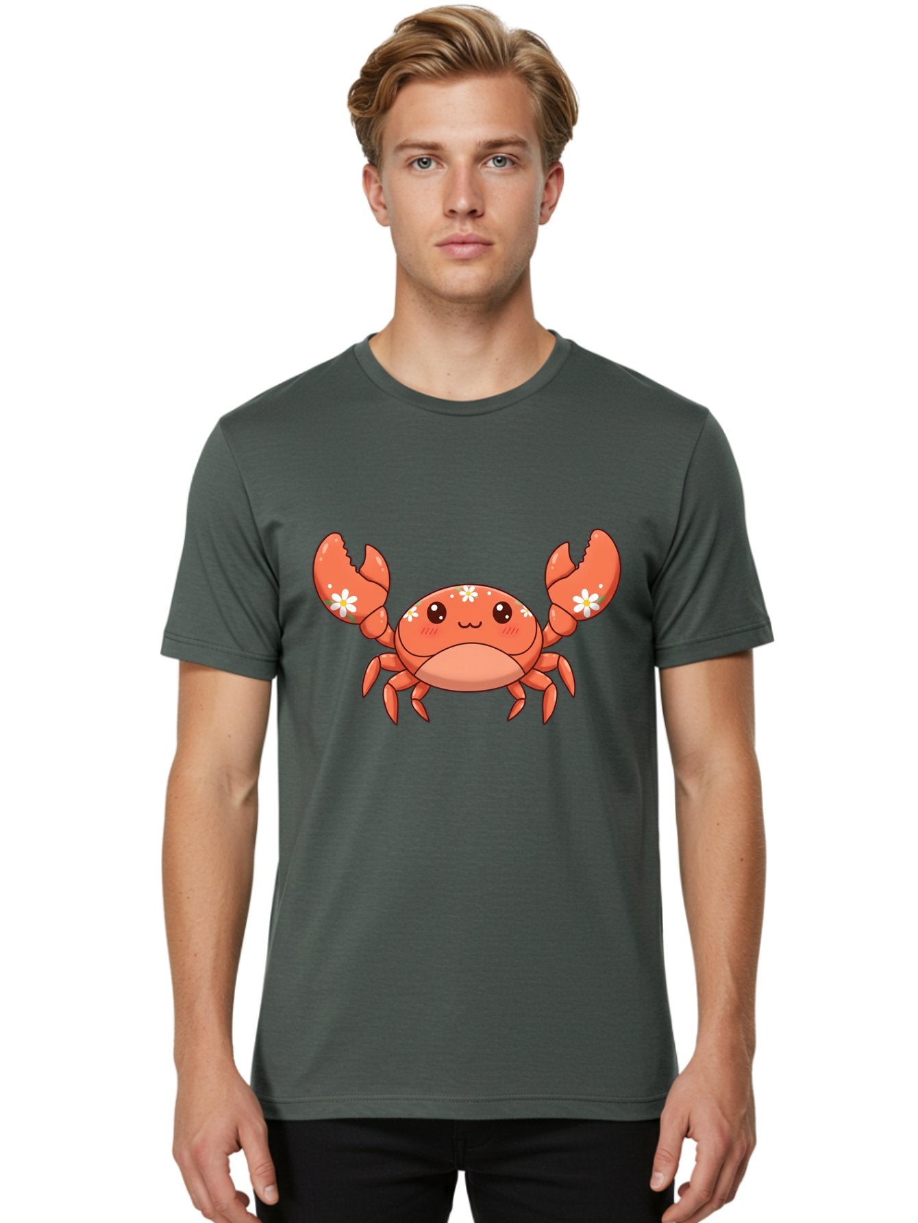 Crab-With-Flowers Men'S Graphic Tee, 100% Cotton, Comfortable Casual Summer Wear, Machine Washable, Cartoon Crab, Orange Crustacean, White Flowers, Cute Crustacean, Kawaii Art, Crab Illustration, Digital Artwork, Charming Character Bae166 20