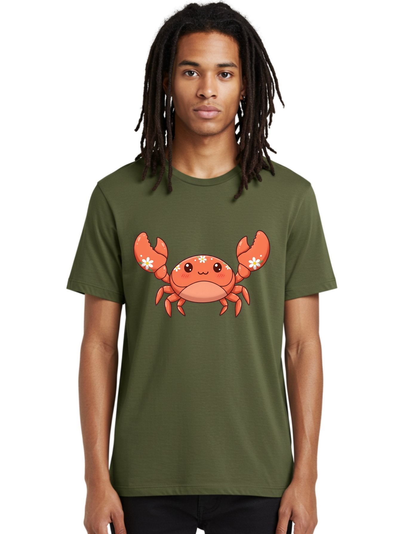Crab-With-Flowers Men'S Graphic Tee, 100% Cotton, Comfortable Casual Summer Wear, Machine Washable, Cartoon Crab, Orange Crustacean, White Flowers, Cute Crustacean, Kawaii Art, Crab Illustration, Digital Artwork, Charming Character Bae166 21