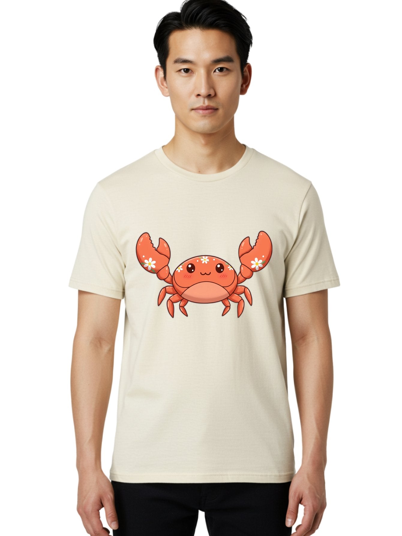 Crab-With-Flowers Men'S Graphic Tee, 100% Cotton, Comfortable Casual Summer Wear, Machine Washable, Cartoon Crab, Orange Crustacean, White Flowers, Cute Crustacean, Kawaii Art, Crab Illustration, Digital Artwork, Charming Character Bae166 18