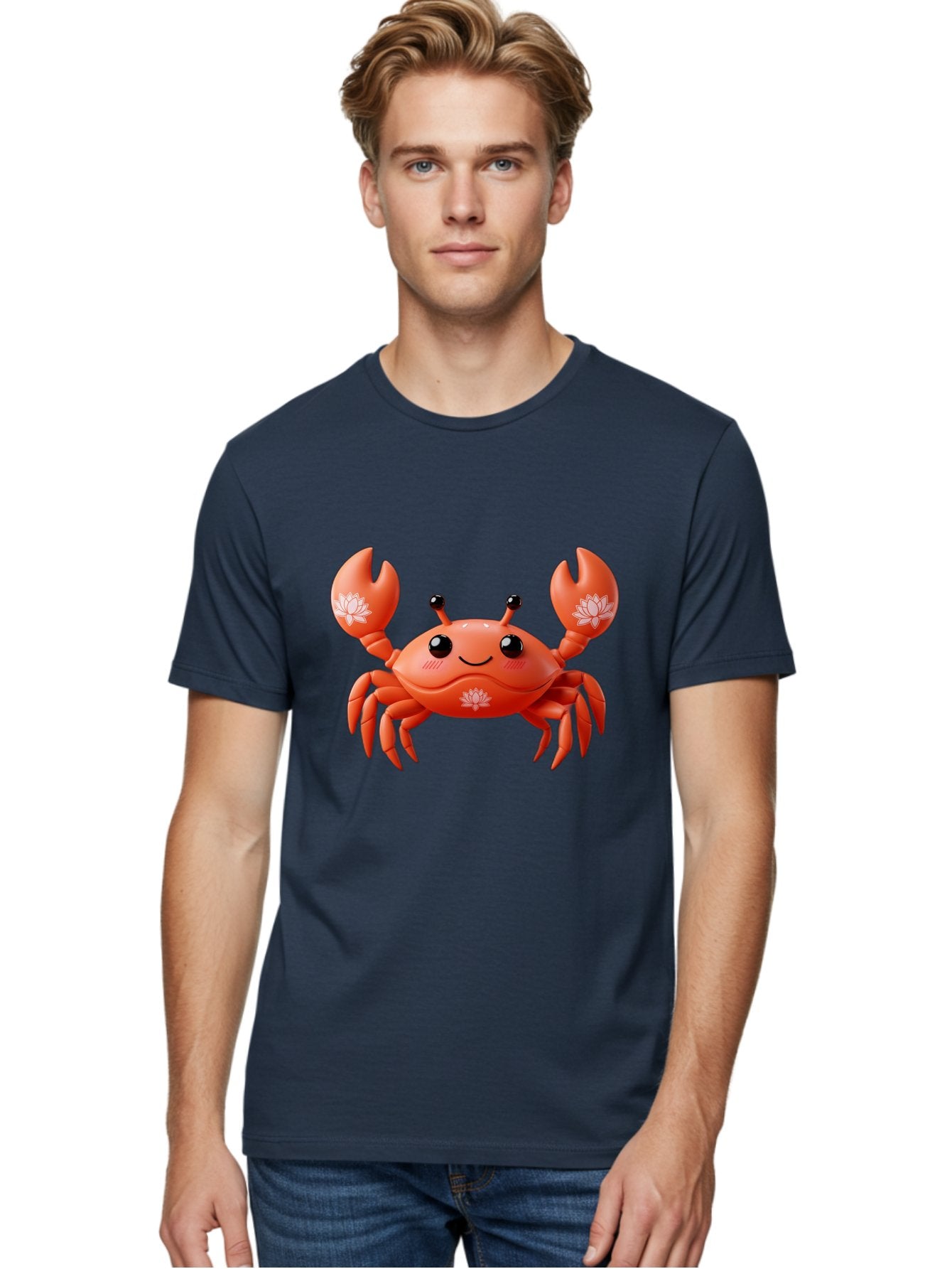 Crab Men'S Graphic Tee, 100% Cotton, Comfortable Casual Summer Wear, Machine Washable, Smiling Crab, Lotus Flower Designs, Cartoon Crustacean, Orange Shellfish, Kawaii Character, Digital Illustration, Sea Creature, Cheerful Animal, Bae167 18