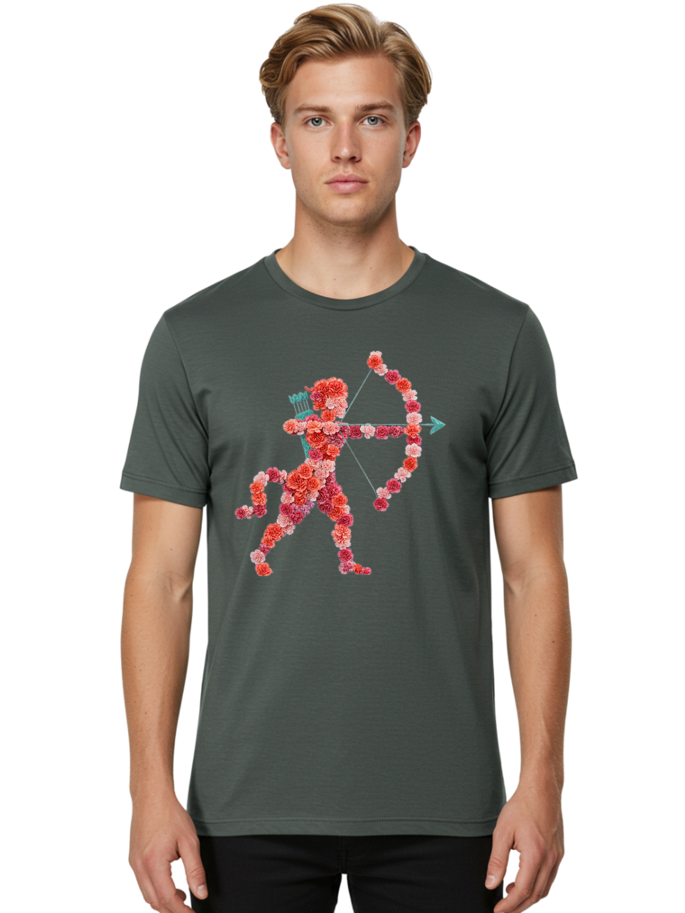 Cupid Men'S Graphic Tee, 100% Cotton, Comfortable Casual Summer Wear, Machine Washable, Cupid Made Of Flowers, Floral Art, Cute Cupid, Flower Power, Love Symbol, Valentine'S Day, Romance, Bow And Arrow, Pink Roses Bae168 22