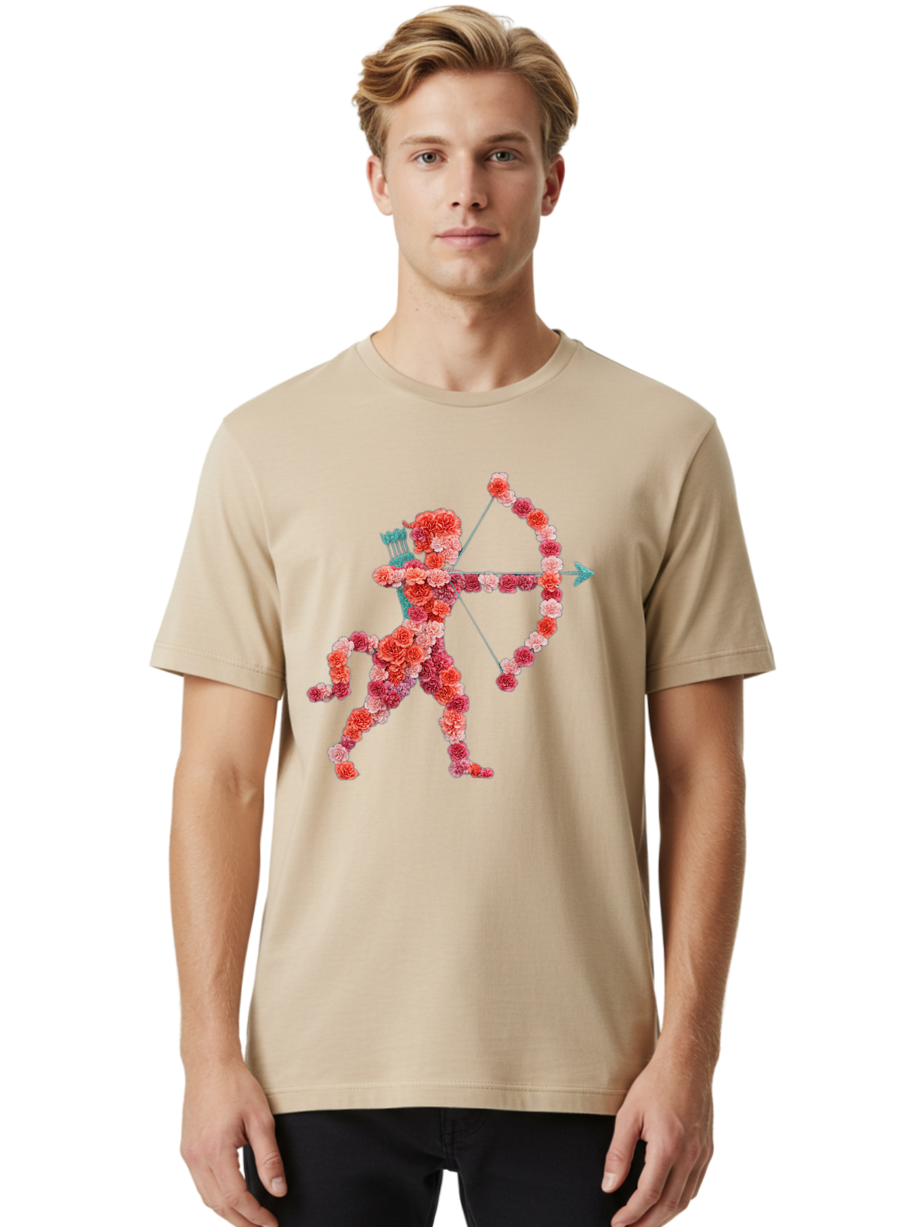 Cupid Men'S Graphic Tee, 100% Cotton, Comfortable Casual Summer Wear, Machine Washable, Cupid Made Of Flowers, Floral Art, Cute Cupid, Flower Power, Love Symbol, Valentine'S Day, Romance, Bow And Arrow, Pink Roses Bae168 18
