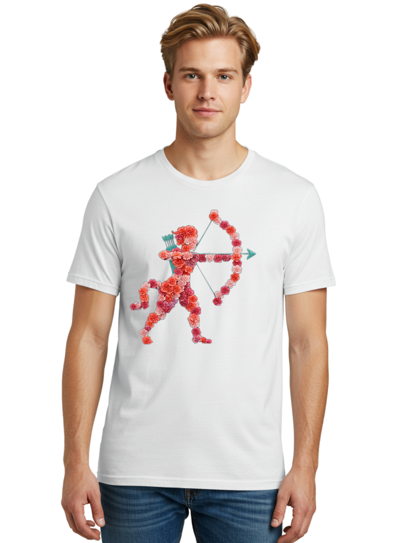 Cupid Men'S Graphic Tee, 100% Cotton, Comfortable Casual Summer Wear, Machine Washable, Cupid Made Of Flowers, Floral Art, Cute Cupid, Flower Power, Love Symbol, Valentine'S Day, Romance, Bow And Arrow, Pink Roses Bae168 26