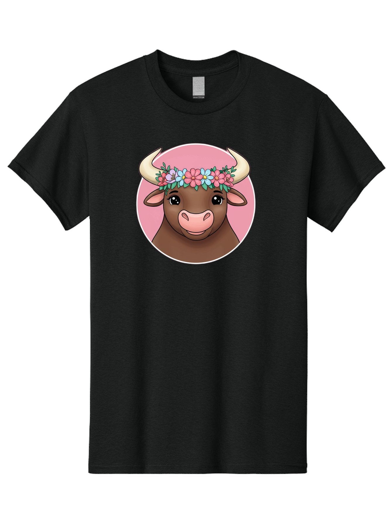 Cute-Bull-With-Flowers Men'S Graphic Tee, 100% Cotton, Comfortable Casual Summer Wear, Machine Washable, Cartoon Bull, Floral Wreath, Cute Animal, Pastel Colors, Adorable Illustration, Charming Design, Whimsical Art, Lovely Cow, Bae169 12