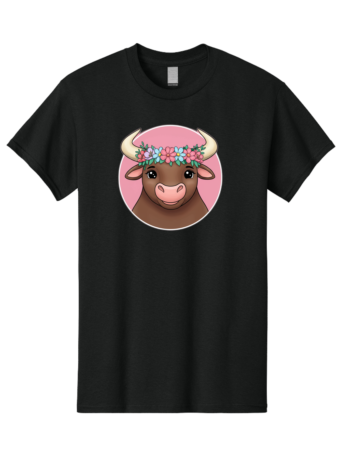 Cute-Bull-With-Flowers Men'S Graphic Tee, 100% Cotton, Comfortable Casual Summer Wear, Machine Washable, Cartoon Bull, Floral Wreath, Cute Animal, Pastel Colors, Adorable Illustration, Charming Design, Whimsical Art, Lovely Cow, Bae169 3
